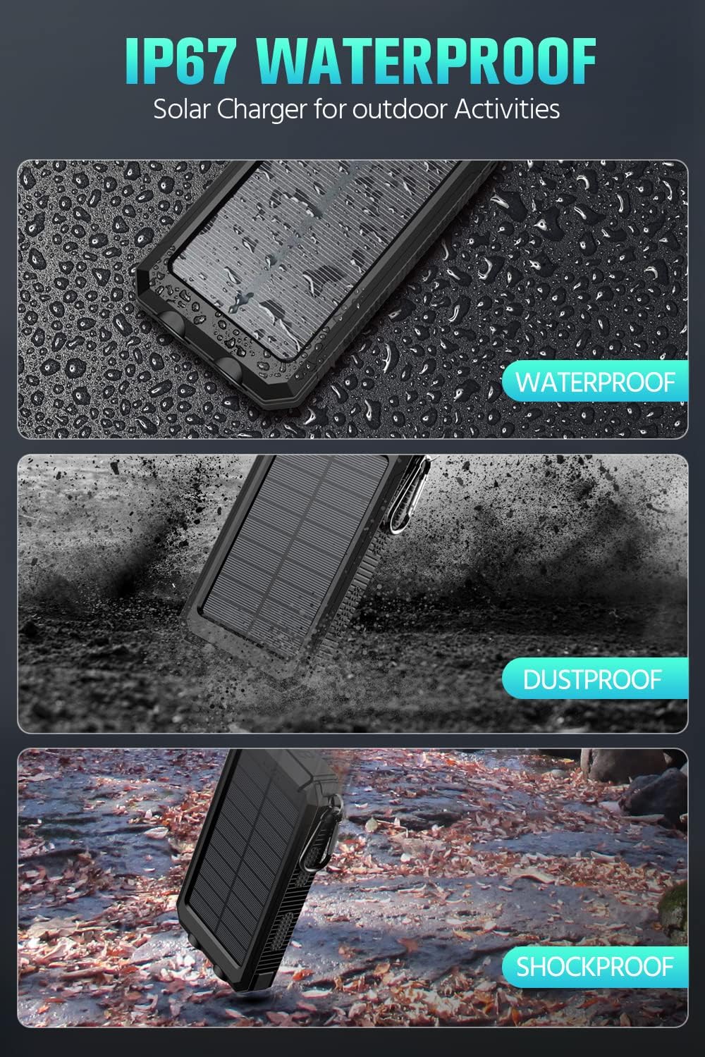 Feeke 36800mAh Solar Power Bank with QC3.0 Fast Charging, Dual USB Ports, Built-in LED Flashlight & Compass - Portable Charger for iPhone, Android Phones, Tablets & Electronic Devices - Perfect for Camping, Hiking & Outdoor Adventures (Black)