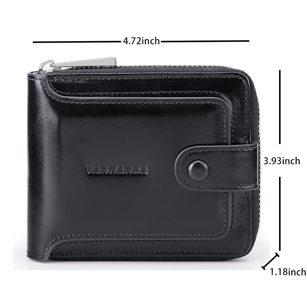 VANNANBA Men's RFID Blocking Leather Bifold Wallet with Zipper & ID Window - Slim Zip Coin Pocket Wallet for Men (Black) | Perfect for Travel, Business & Everyday Use