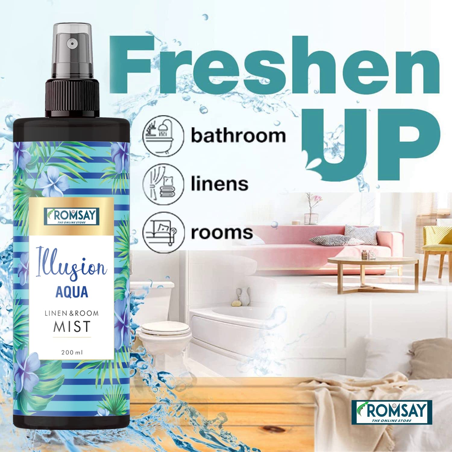 ROMSAY Natural Essential Oil Linen & Air Mist Freshener - 200ML (Pack of 2) | Long-Lasting Fragrance for Home, Bedroom, Car & Office | Lavender & Eucalyptus Scent