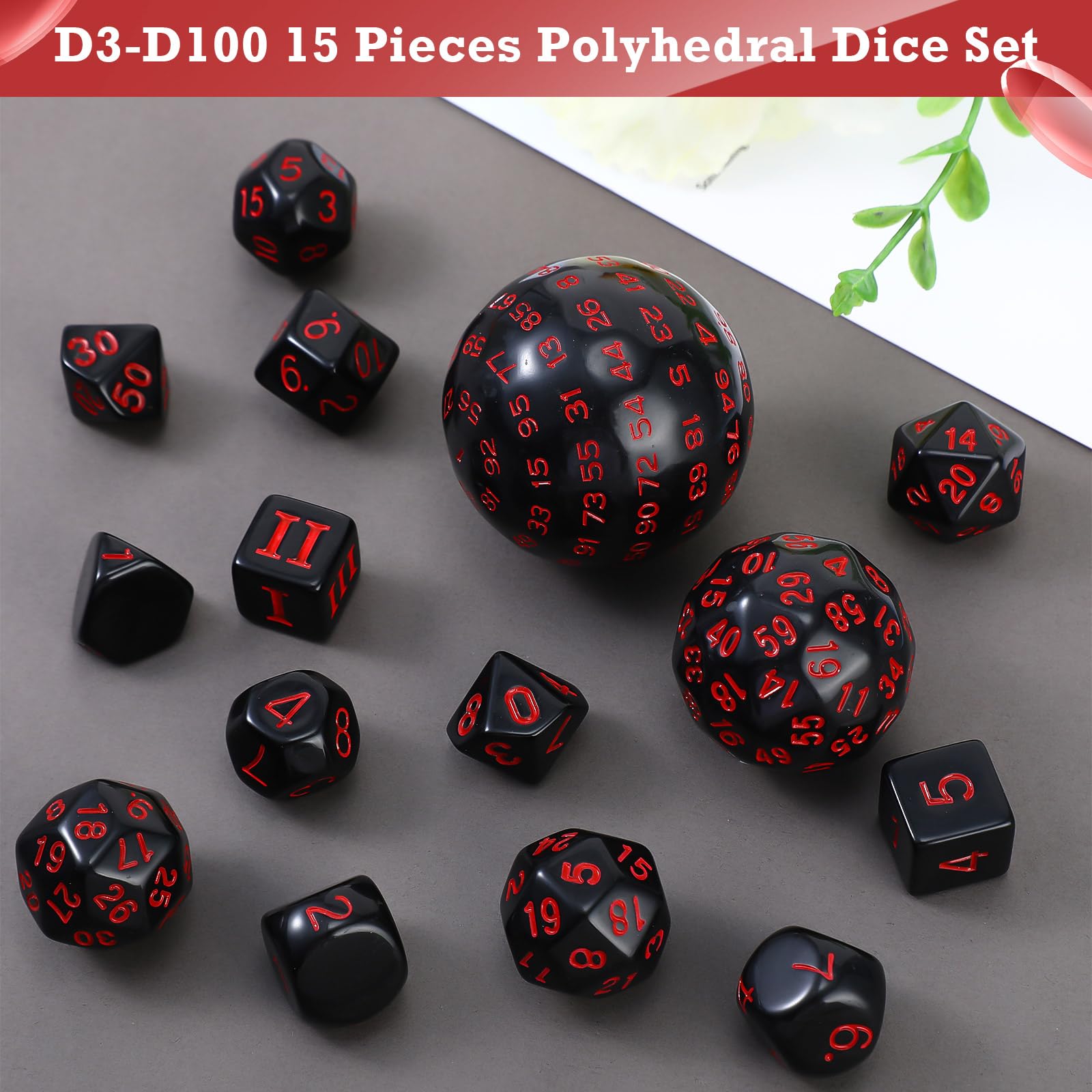 15-Piece Complete Polyhedral Dice Set D3-D100 | Opaque Black & Red RPG Dice for Dungeons & Dragons, Pathfinder & Tabletop Role-Playing Games | Perfect for Game Nights, D&D Campaigns & Gift Giving