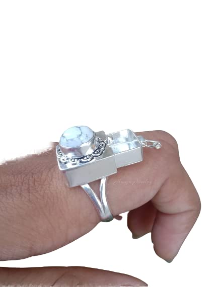 White Howlite Poison Ring - Handmade 925 Sterling Silver Secret Box Ring with Openable Compartment | Perfect for Medicine Storage, Pill Box & Unique Gothic Jewelry | Ideal for Cosplay, Halloween & Vintage Fashion Accessories