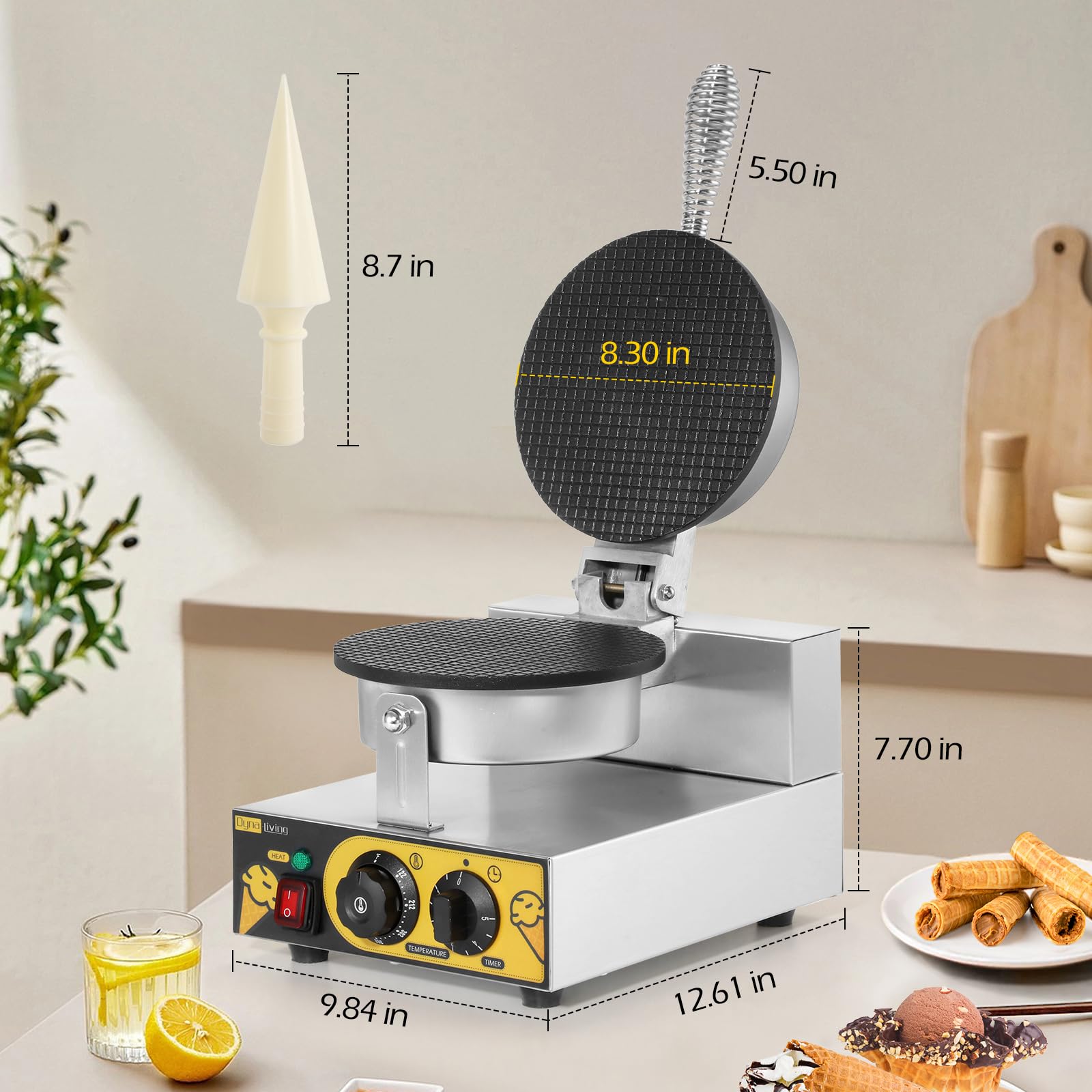 Dyna-Living Commercial Electric Waffle Cone Maker Machine - Stainless Steel Ice Cream Cone Baker for Restaurants, Bakeries & Home Kitchens (110V 1250W) - Perfect for Dessert Shops, Ice Cream Parlors & Snack Bars