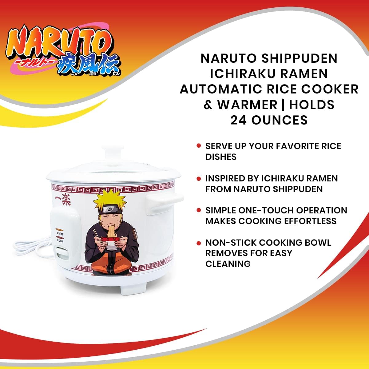 Naruto Shippuden Ichiraku Ramen Automatic Rice Cooker & Warmer | 24oz Multi-Functional Food Steamer for White Rice, Brown Rice & Quinoa | Perfect Anime Manga Gift & Collectible for Fans | Ideal for Home, Office & Dorm Use