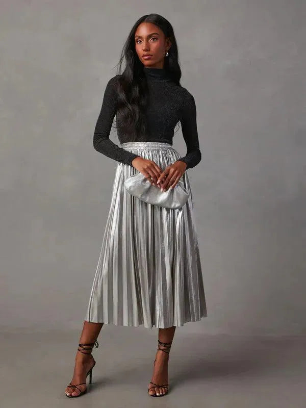 Shiny Pleated High Waisted A-Line Plisse Skirt for Women - Elegant Party & Office Wear - Perfect for Date Nights, Work Events & Special Occasions