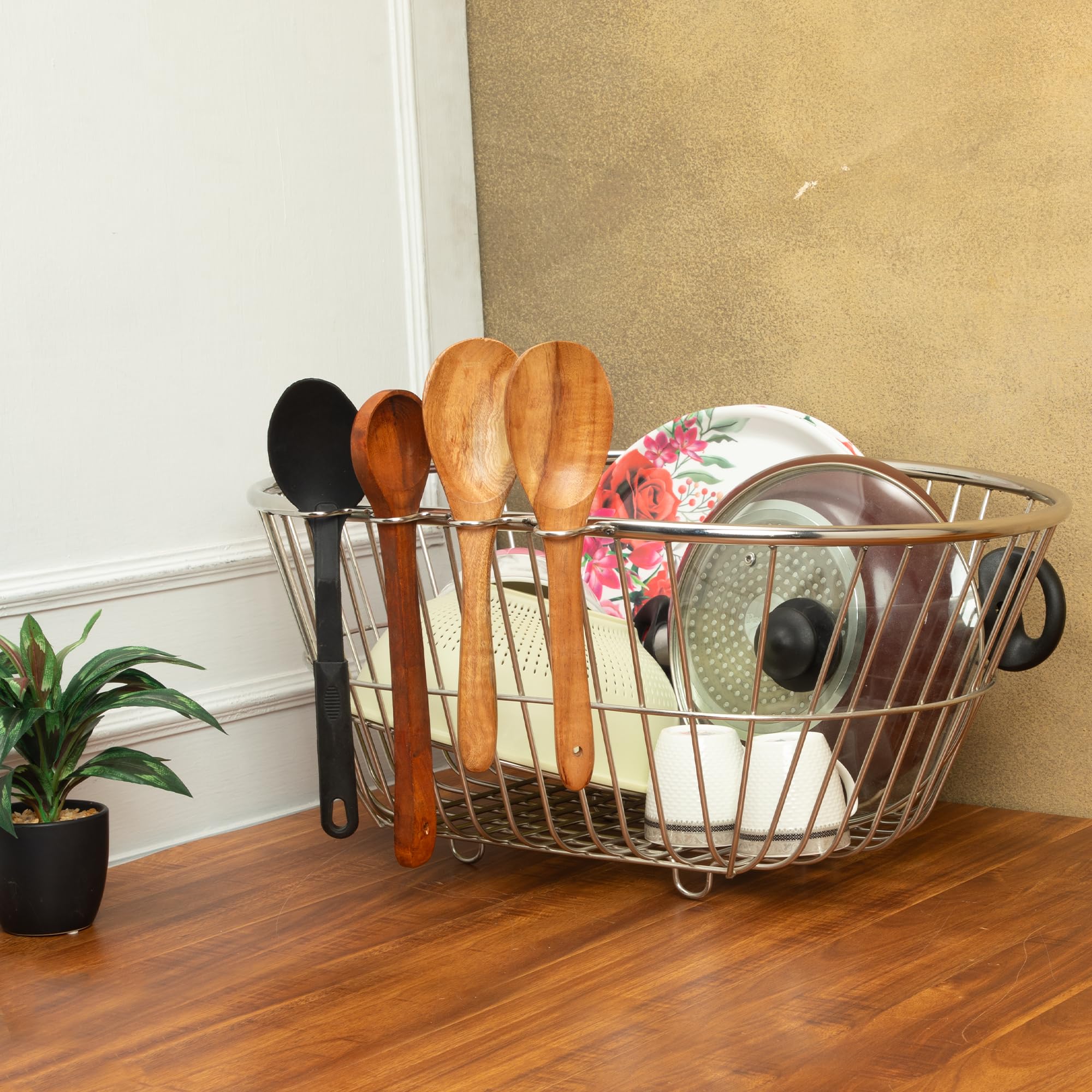 DIVI HOME Stainless Steel Kitchen Utensil Drainer Basket - Large Oval Dish Drainer Rack for Drying Pots, Pans & Cooking Tools After Washing | Perfect for Countertop Organization & Space Saving