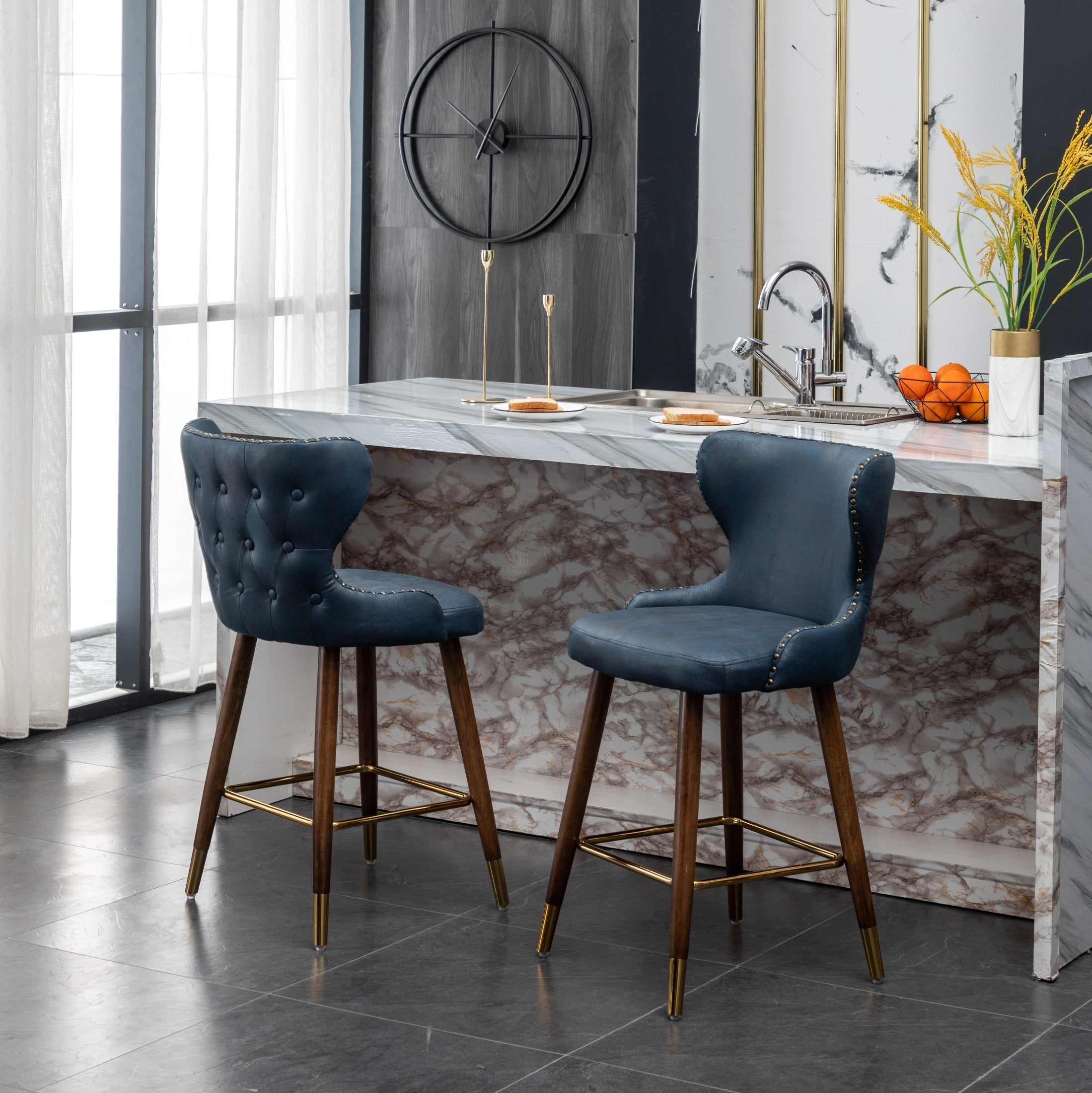 Roundhill Furniture Nevis Mid-Century Modern Faux Leather Tufted Counter Stool with Nailhead Trim - Set of 2, Blue - Perfect for Kitchen Islands, Breakfast Bars & Home Decor