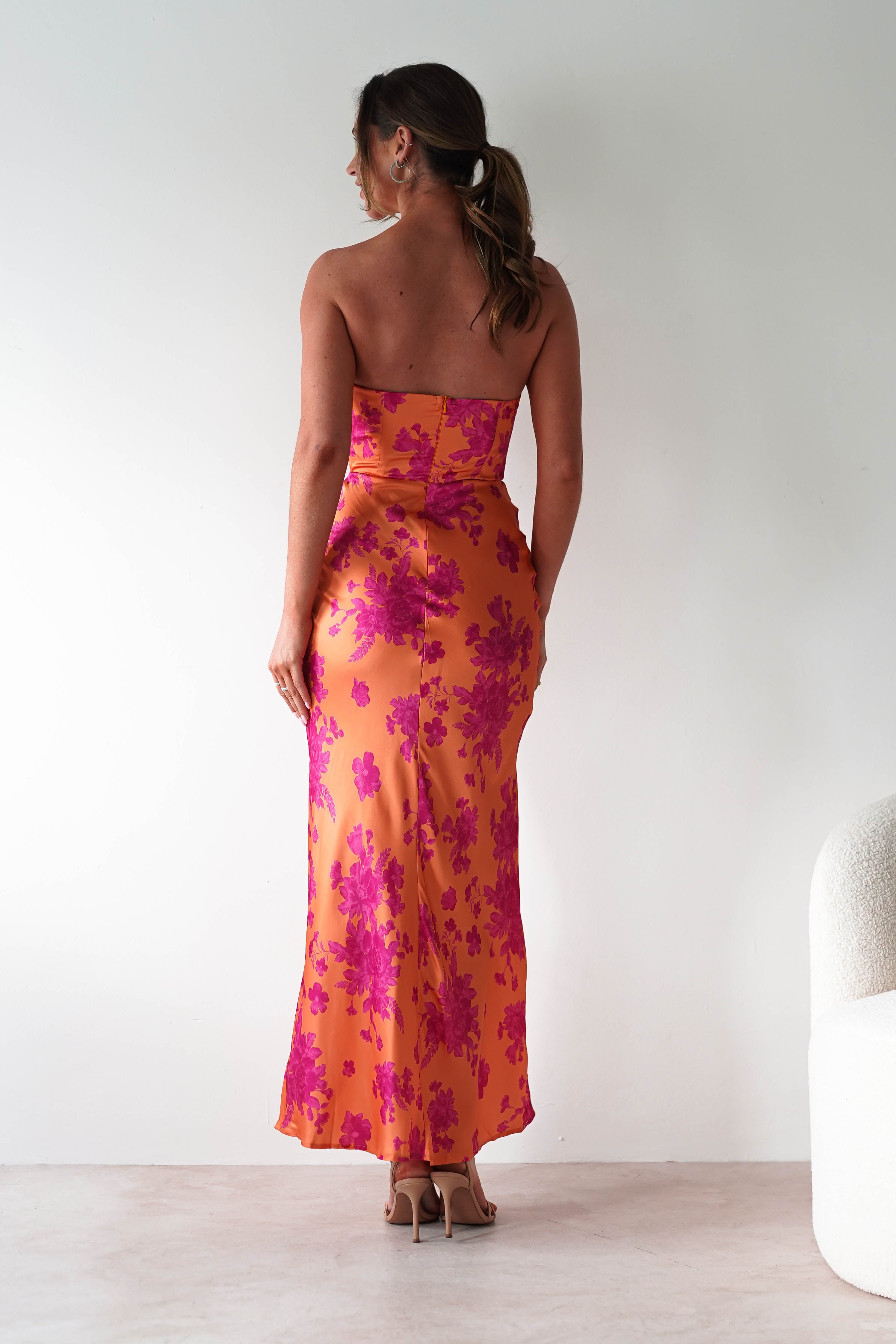 Anthonia Floral Satin Maxi Dress for Women - Orange & Pink Summer Beach Dress | Perfect for Beach Vacations, Weddings & Date Nights