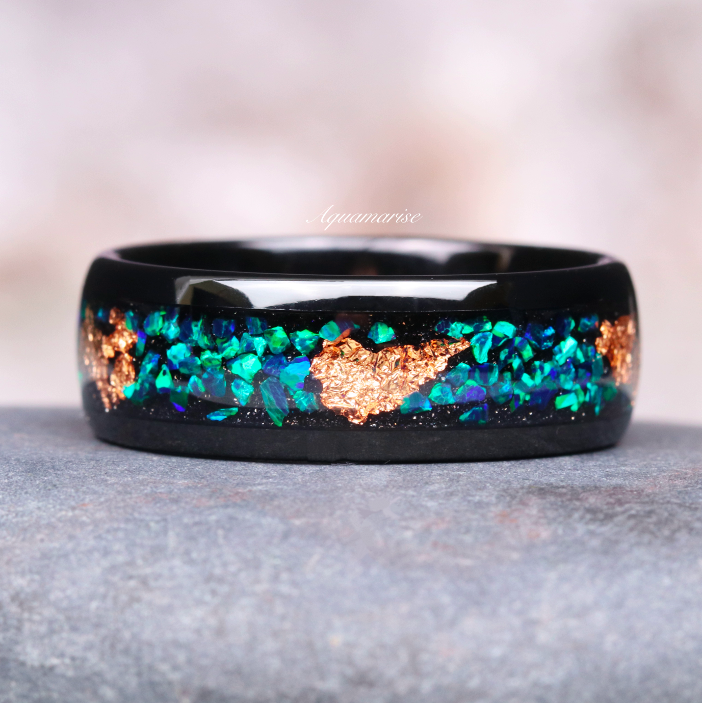 Peacock Green Fire Opal Wedding Band - 8MM Black Tungsten Ring for Men & Women - Durable & Hypoallergenic - Perfect for Engagement, Anniversary & Special Occasions