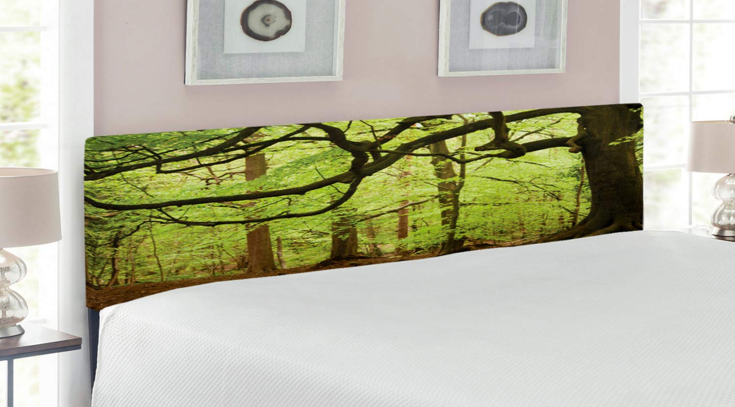 Ambesonne Woodland King Size Upholstered Headboard - Nature Inspired English Woodland Scene with Sun Rays, Decorative Metal Bed Frame with Memory Foam (Green & Brown) | Perfect for Rustic, Cottage & Farmhouse Bedroom Decor