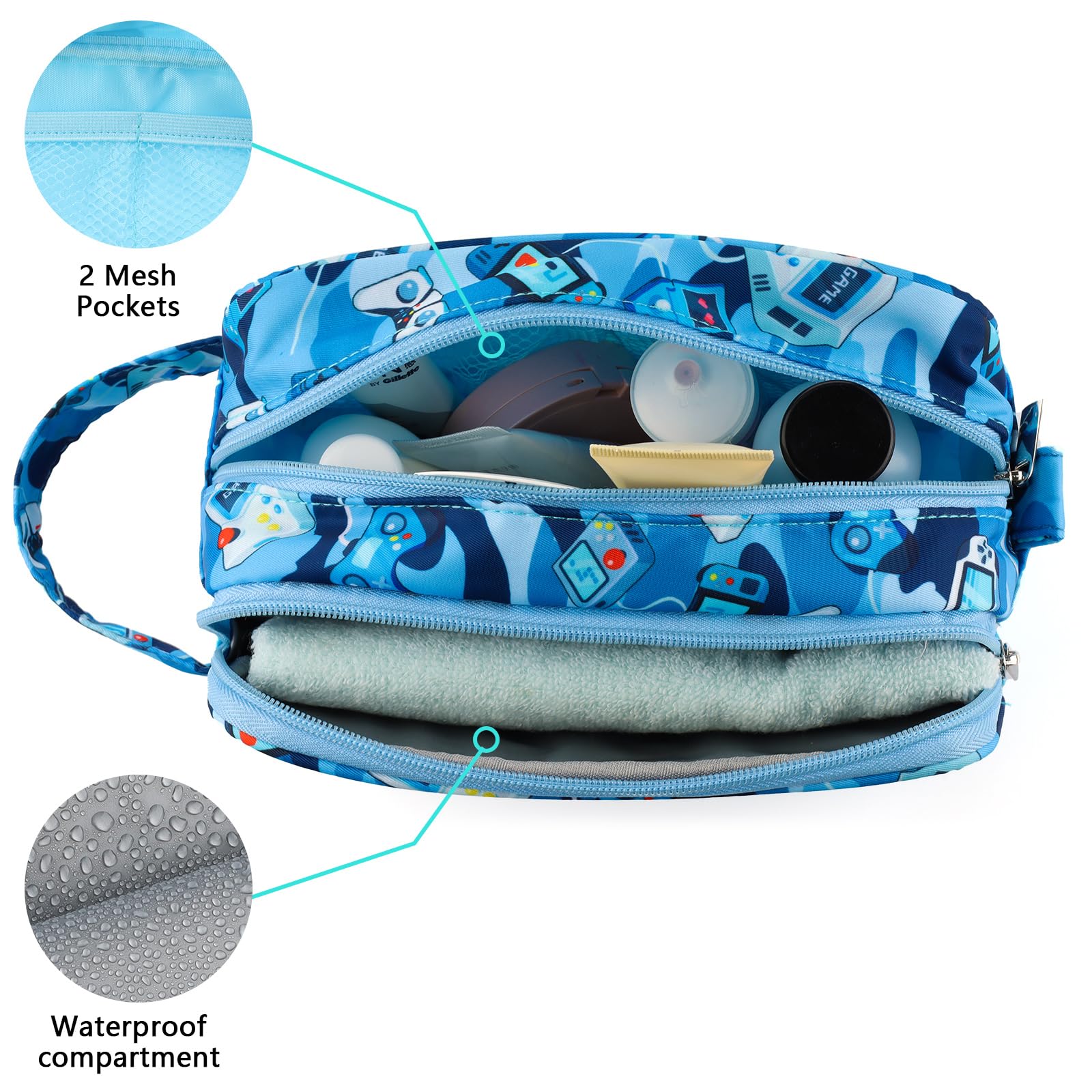 Waterproof Hanging Toiletry Bag for Boys - Kids Travel Wash Bag with Camo Blue Design - Perfect for Toddler Travel, Camping & Sleepovers