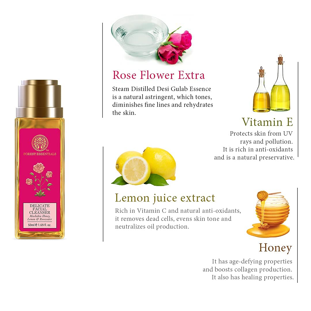 Forest Essentials Delicate Facial Cleanser with Mashobra Honey, Lemon & Rosewater - Gentle Face Wash for Dry & Sensitive Skin | Daily Skincare Routine, Morning & Night Cleansing