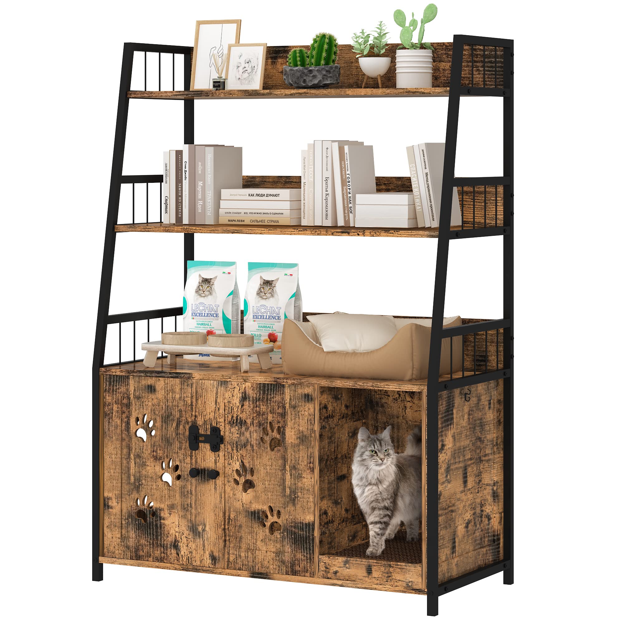 Large Cat Litter Box Enclosure with Storage Shelf - Hidden Cat Washroom Furniture - Wooden Cat House with Scratching Pad - Sturdy 2-Door Indoor Cat Cabinet in Rustic Brown - Perfect for Small Spaces & Multi-Cat Homes