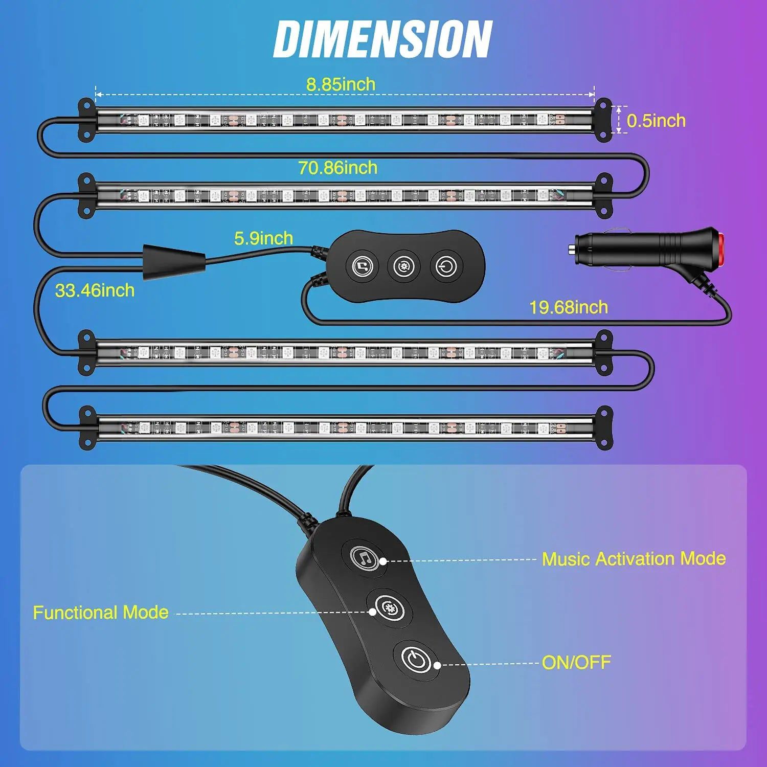 48 LEDs RGB Interior Car Light Strip with APP & Remote Control - 4PCS Set for Customizable Ambience in Vehicles, Parties & Home Decor