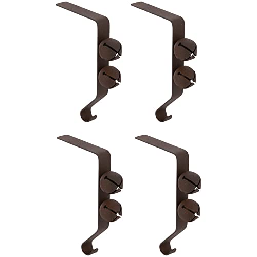Rustic Brown Metal Jingle Bell Stocking Holders - Set of 4 Christmas Decorations for Fireplace Mantel, Holiday Home Decor, and Festive Gift Giving