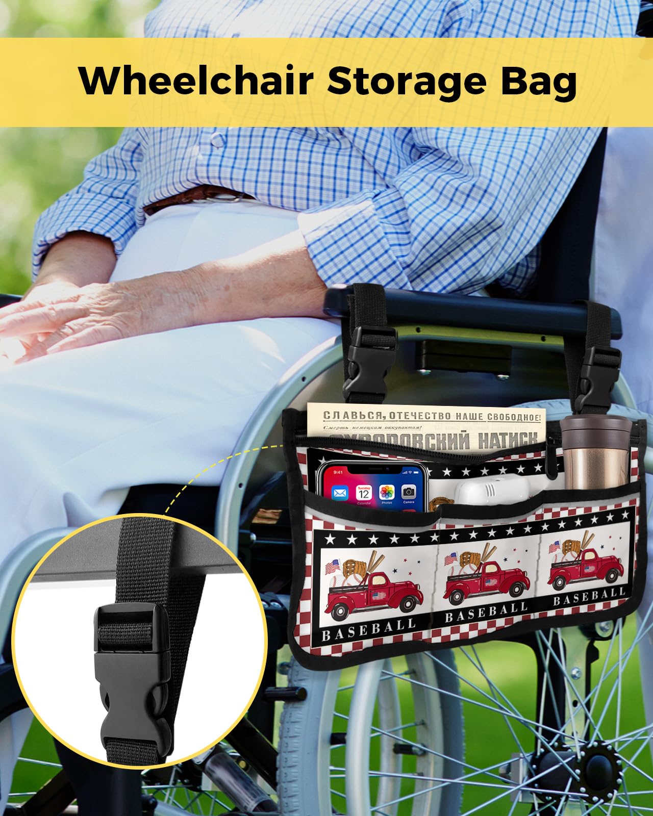 Wheelchair Armrest Bag - Red & White Plaid Organizer with Reflective Stripes for Walker, Rollator & Scooter