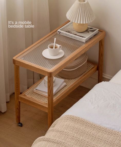 Solid Oak Wood Japanese Style Glass Rattan Rocking Side Table - Portable End Table for Living Room, Bedroom, or Outdoor Patio Decor