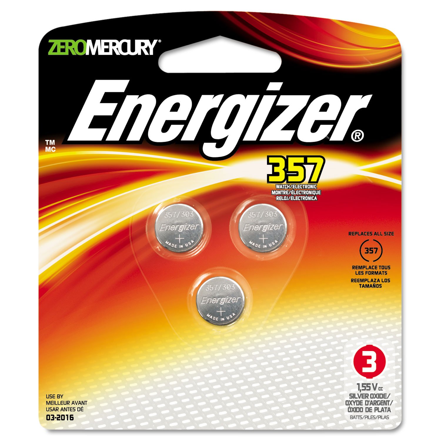 Energizer 357BPZ3 Silver Oxide Watch & Calculator Batteries - 1.5V, 3-Pack (Red/Black) - Long-Lasting Power for Watches, Calculators, Medical Devices & Small Electronics