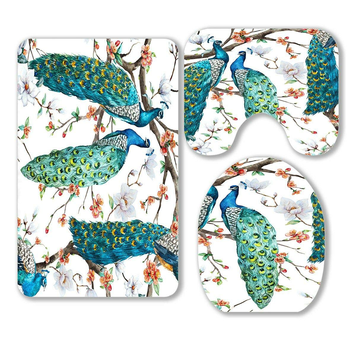 ECZJNT 3-Piece Peacock Cherry Blossom Bathroom Rug Set - Non-Slip Floral Bath Mat, Contour Mat & Toilet Lid Cover for Vintage Style Decor (White Magnolia & Sakura Design) - Perfect for Bathroom, Powder Room & Guest Bath Decor