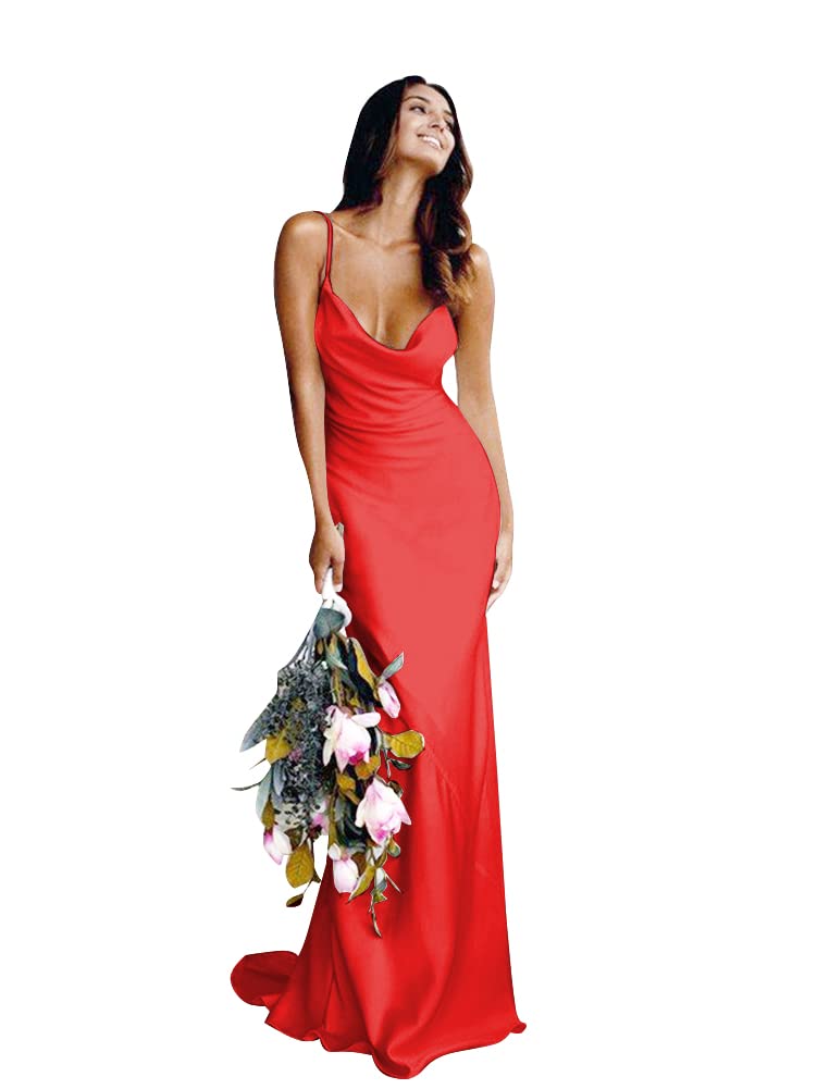 Elegant Spaghetti Strap Satin Wedding Dress V-Neck Mermaid Bridesmaid Gown for Women - Red, Size 4 | Perfect for Prom, Evening Party & Special Occasions