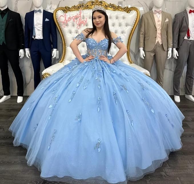 Elegant Off Shoulder Quinceañera Dress in Blue - Perfect for Sweet 16 Birthday Party & Quinceañera Celebration | Formal Gown for Special Occasions & Photo Shoots