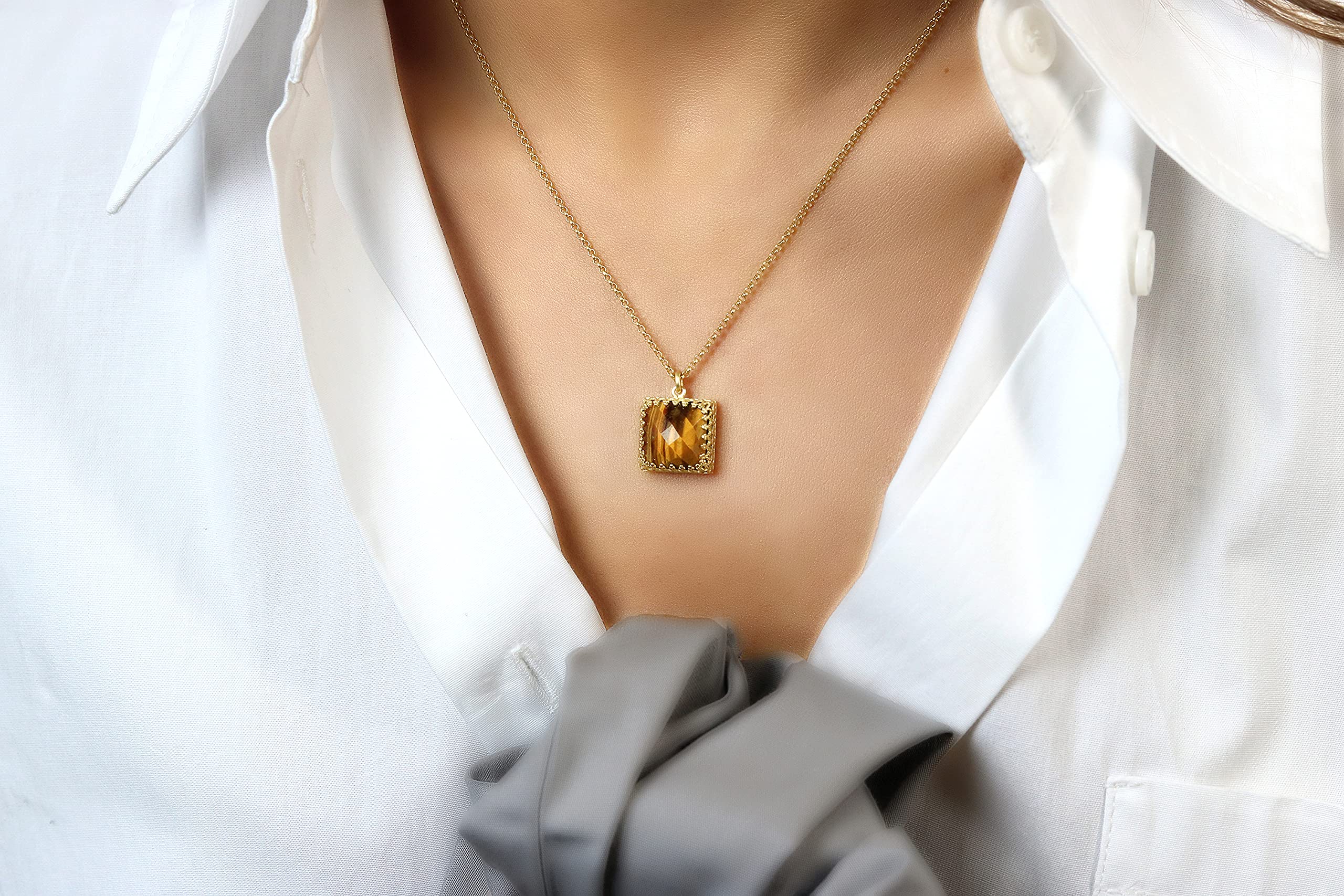 Square Tiger Eye Necklace - 14k Rose Gold Gemstone Pendant for Women | Handcrafted Jewelry, Unique Gift for Her | Perfect for Everyday Wear, Office & Special Occasions