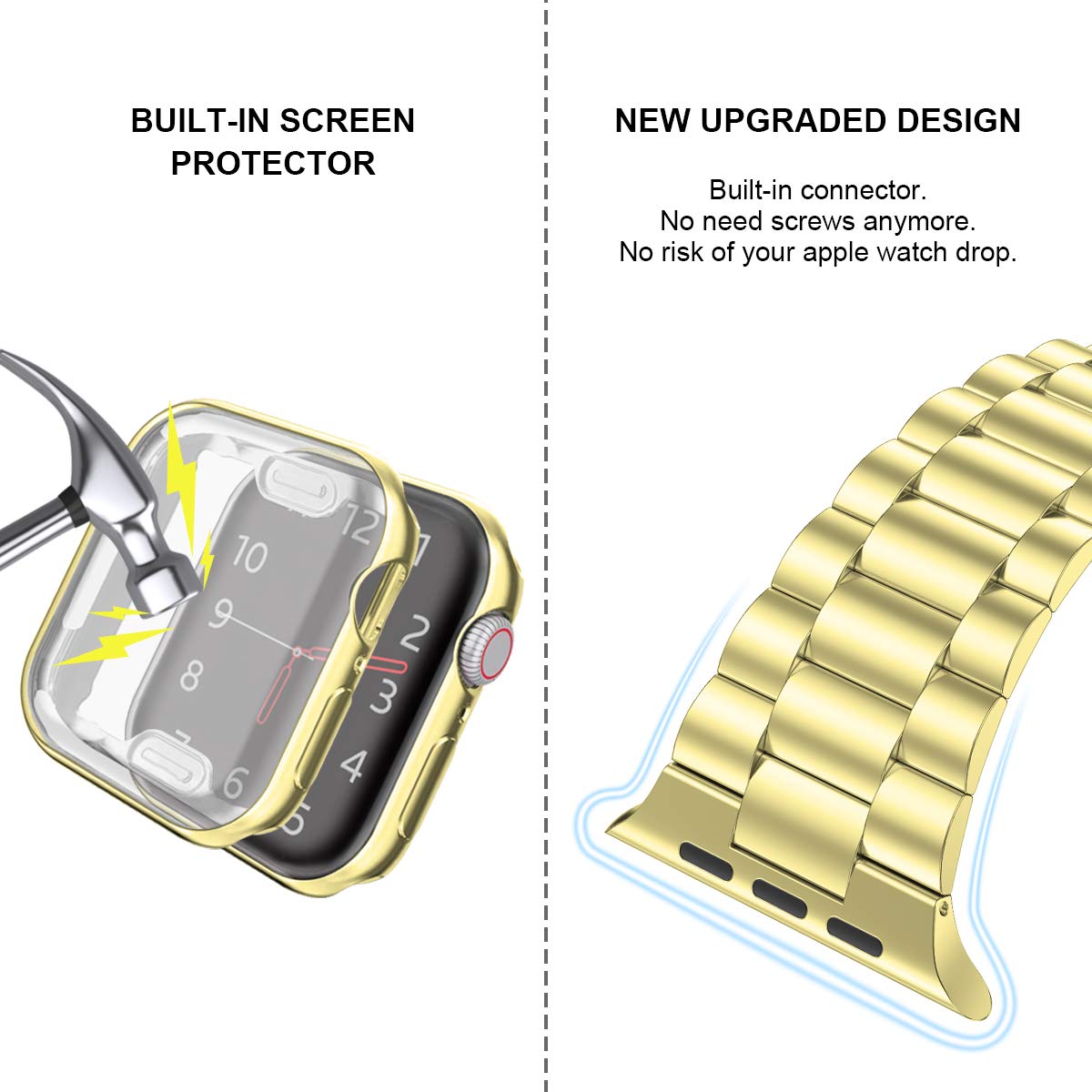 iiteeology Compatible with Apple Watch Bands 41mm for Series 9/8/7 - Upgraded Stainless Steel Strap with Screen Protector Case (Gold/Gold) - Elegant Women's Smartwatch Accessory for Workout, Office & Daily Wear