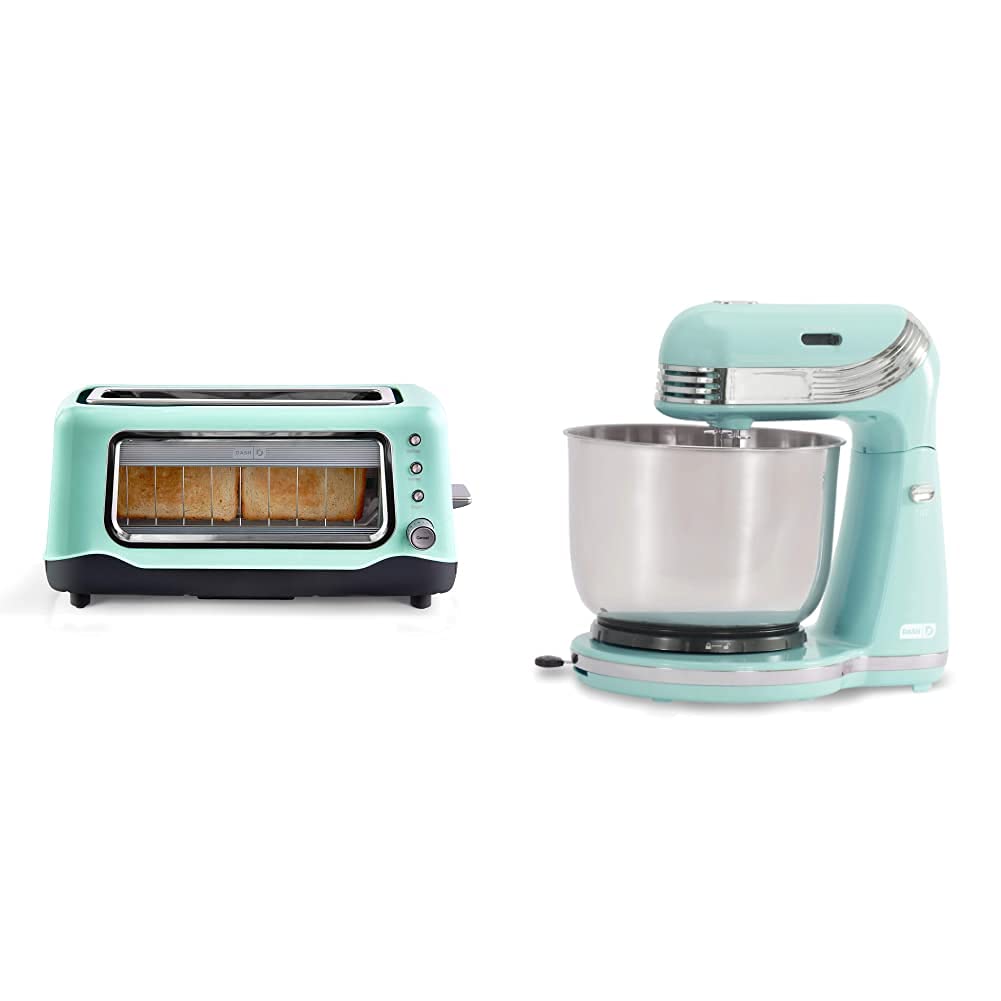 Dash Clear View 4-Slice Toaster with Extra Wide Slots & See-Through Window - Stainless Steel Toaster with Defrost Function - Aqua Color - Perfect for Breakfast & Small Kitchens + Stand Mixer (Electric) - 6-Speed Mixer with Dough Hooks & Beaters - Aqua - Ideal for Baking & Cooking