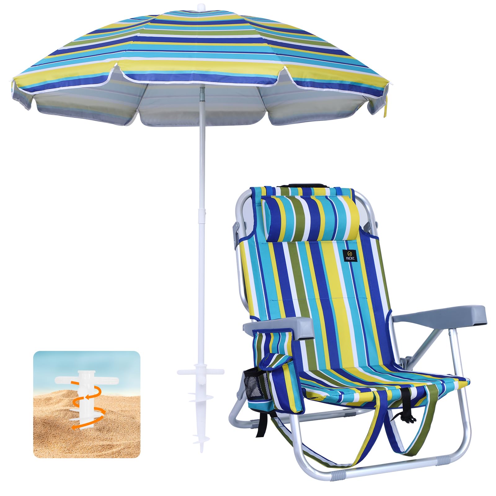 Premium Folding Backpack Beach Chair with Umbrella & Cooler - High Back Support, Cup Holder - Portable Sand Chair for Adults - Perfect for Beach, Pool, Camping & Outdoor Relaxation (Set of 1)