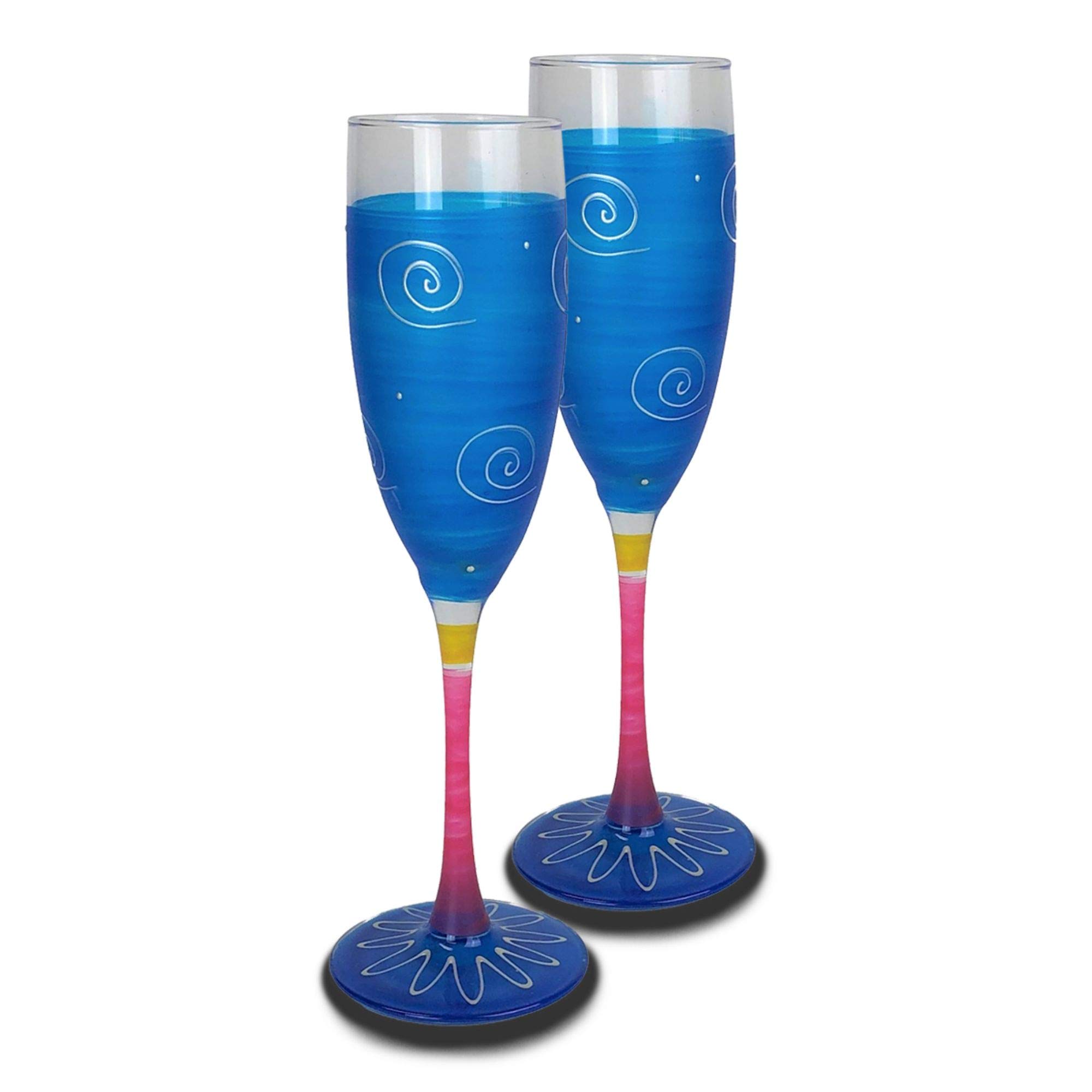 Set of 2 Hand-Painted Turquoise and White Champagne Glasses - 5.75 Oz Stemware for Wedding Toasts, Bridal Showers & Romantic Celebrations