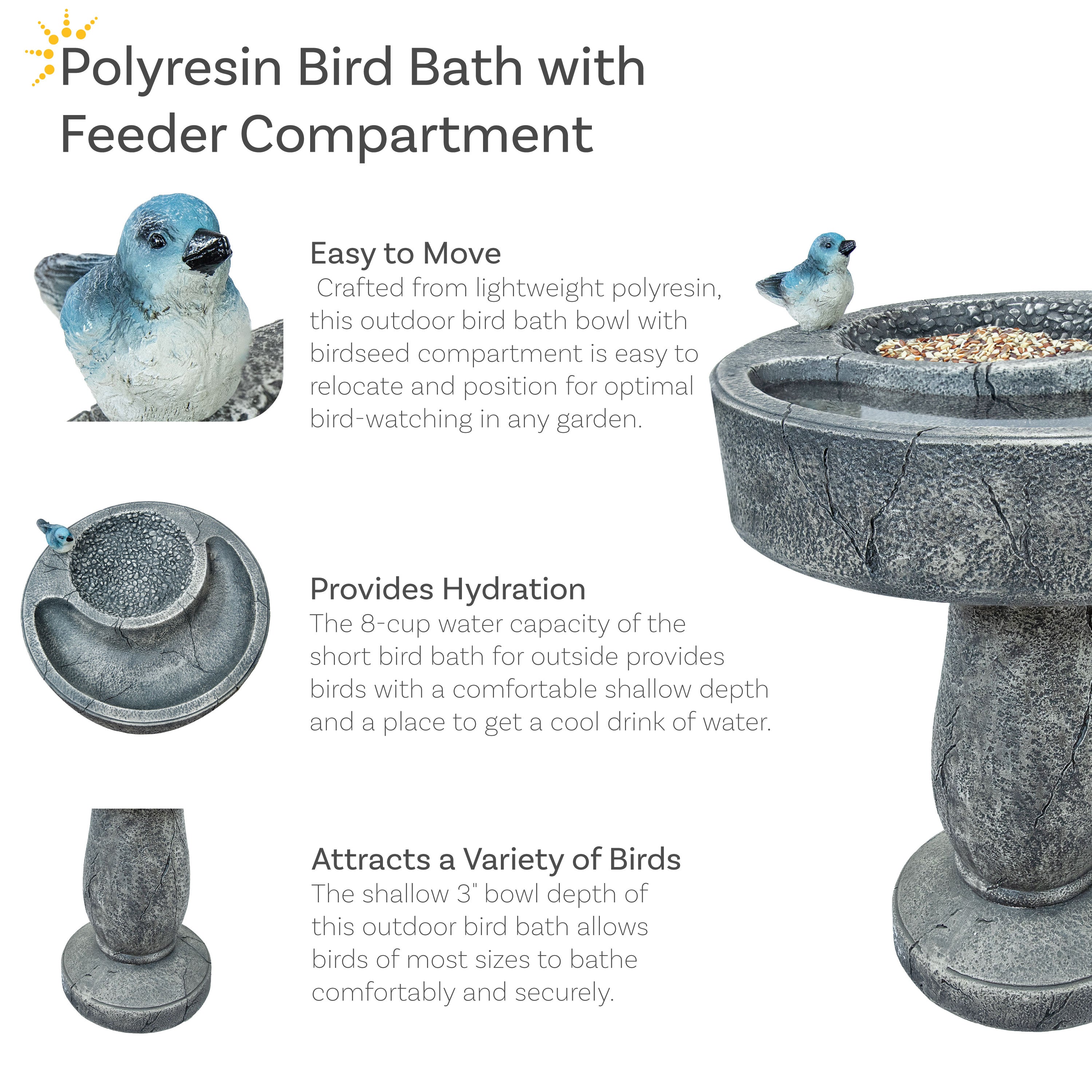 Sunnydaze Traditional Resin Bird Bath with Feeder Compartment - 27 Inch Outdoor Garden Decor for Attracting Birds & Enhancing Backyard Aesthetics
