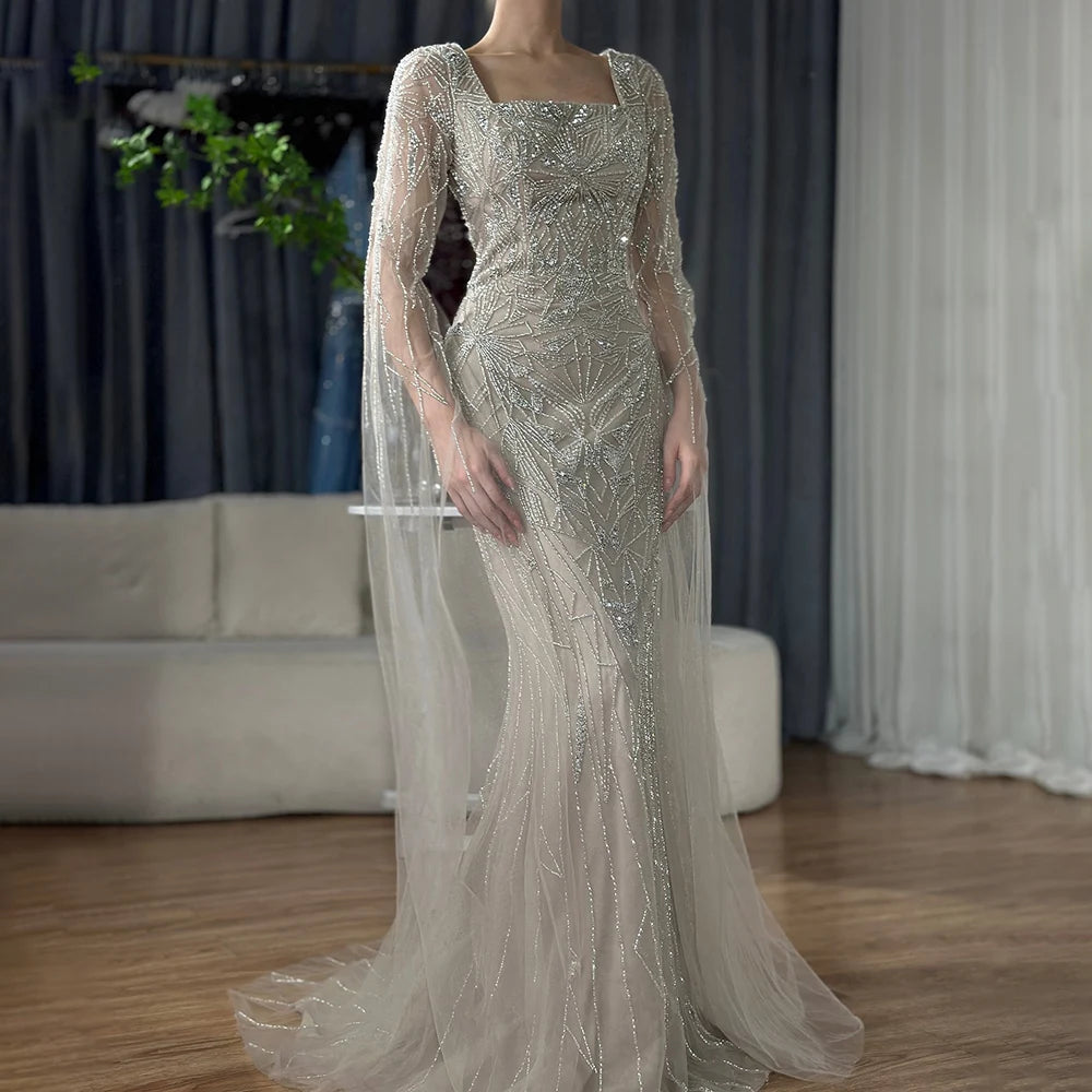 Luxury Dubai Arabic Nude Cape Sleeves Mermaid Saudi Evening Dresses Beaded Formal Party Gowns for Women - Elegant Wedding, Prom, Gala & Special Occasion Wear LA72261B
