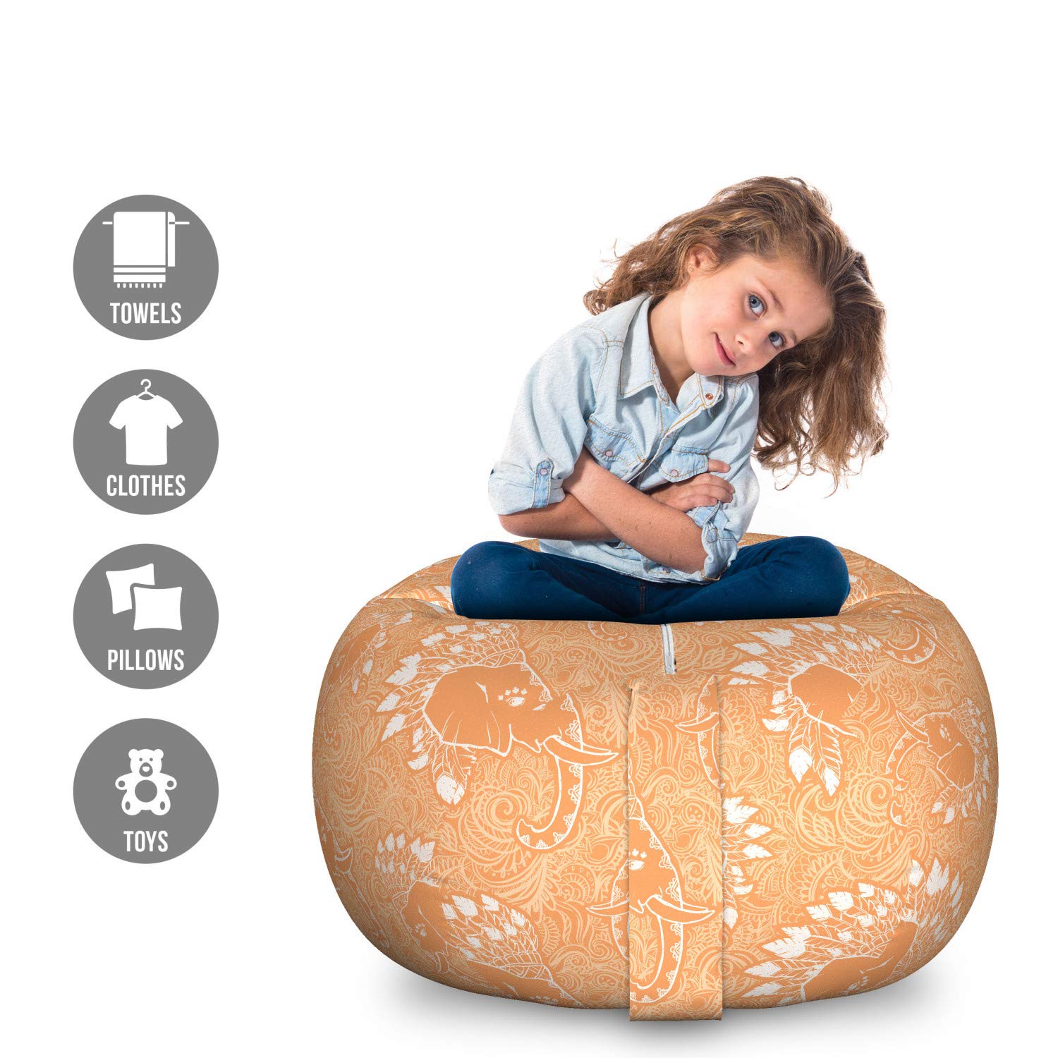 Ambesonne Boho Storage Toy Bag Chair - Large Washable Stuffed Animal Organizer with Feathers & Ornaments - Pale Orange & White - Perfect for Kids' Room, Nursery, Playroom & Home Decor
