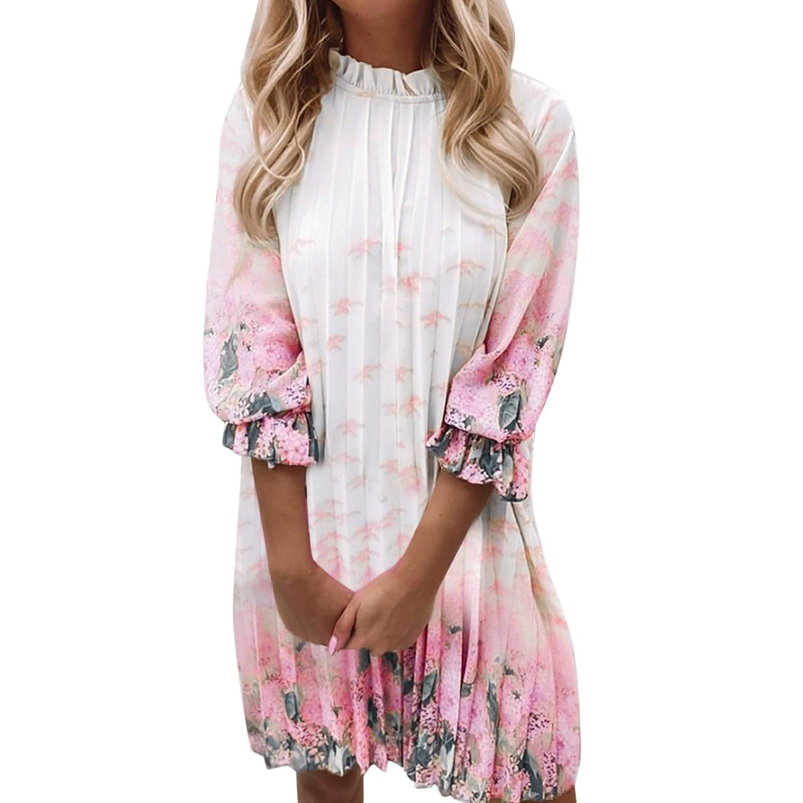 Elegant Floral Print Wedding Guest Dress for Women - Summer Ruffle Neck, 3/4 Sleeves & Stylish Spliced Design | Perfect for Garden Parties, Bridal Showers & Formal Occasions