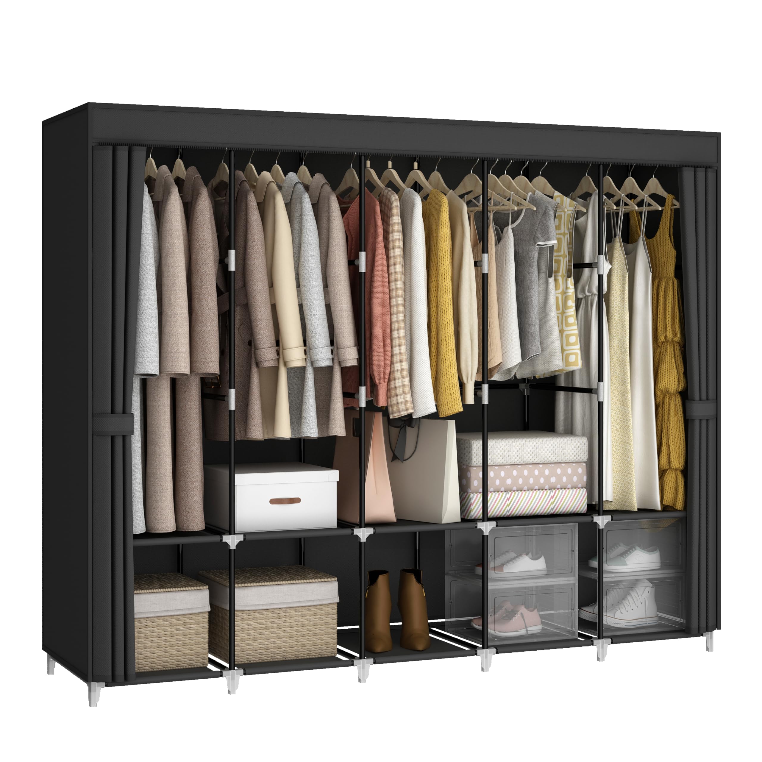 83 Inch Wide Portable Closet Wardrobe Organizer with Cover - 5 Hanging Rods & 10 Shelves for Clothes Storage | Perfect for Bedroom, Dorm, Apartment, RV or Temporary Closet Solution (Black)
