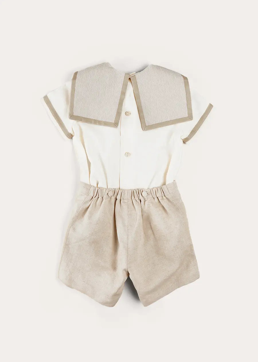 Waterford Stripe Mariner Collar Short Sleeve Two-Piece Set for Baby & Toddler (12 Months - 6 Years) | Beige Summer Outfit | Perfect for Beach, Vacation & Family Photos