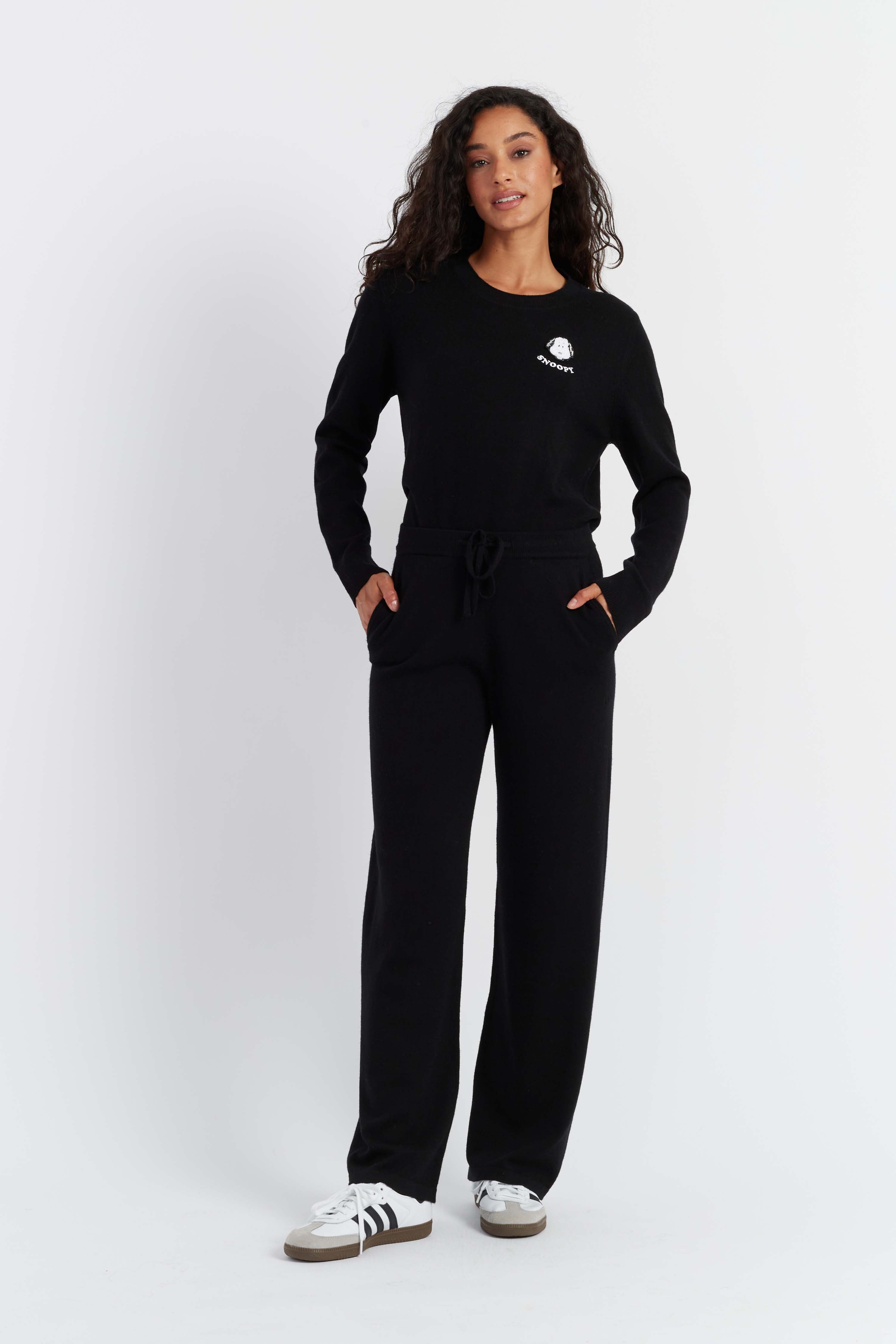 Black Wool Cashmere Snoopy Wide Leg Jogger Pants for Women - Cozy Winter Lounge Pants for Home, Travel & Casual Outings