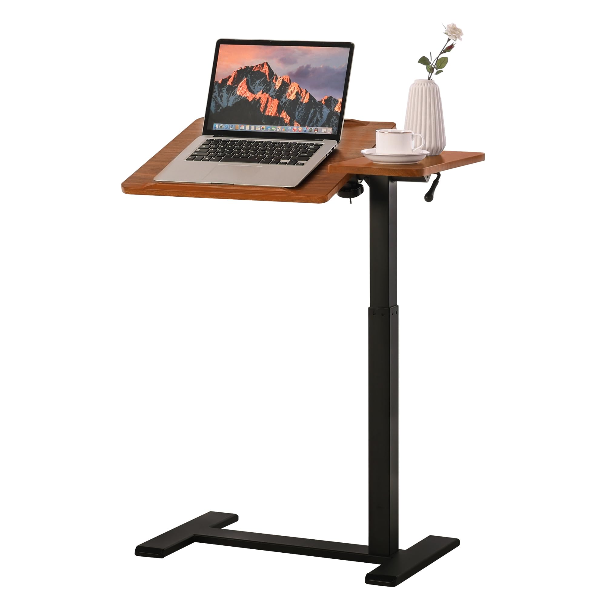Adjustable Height Overbed Bedside Table with Hidden Wheels - Pneumatic Tilt Rolling Laptop Standing Desk Cart - Mobile Overbed Sofa Chair Side Table in Walnut - Perfect for Home Office, Bedroom & Small Spaces