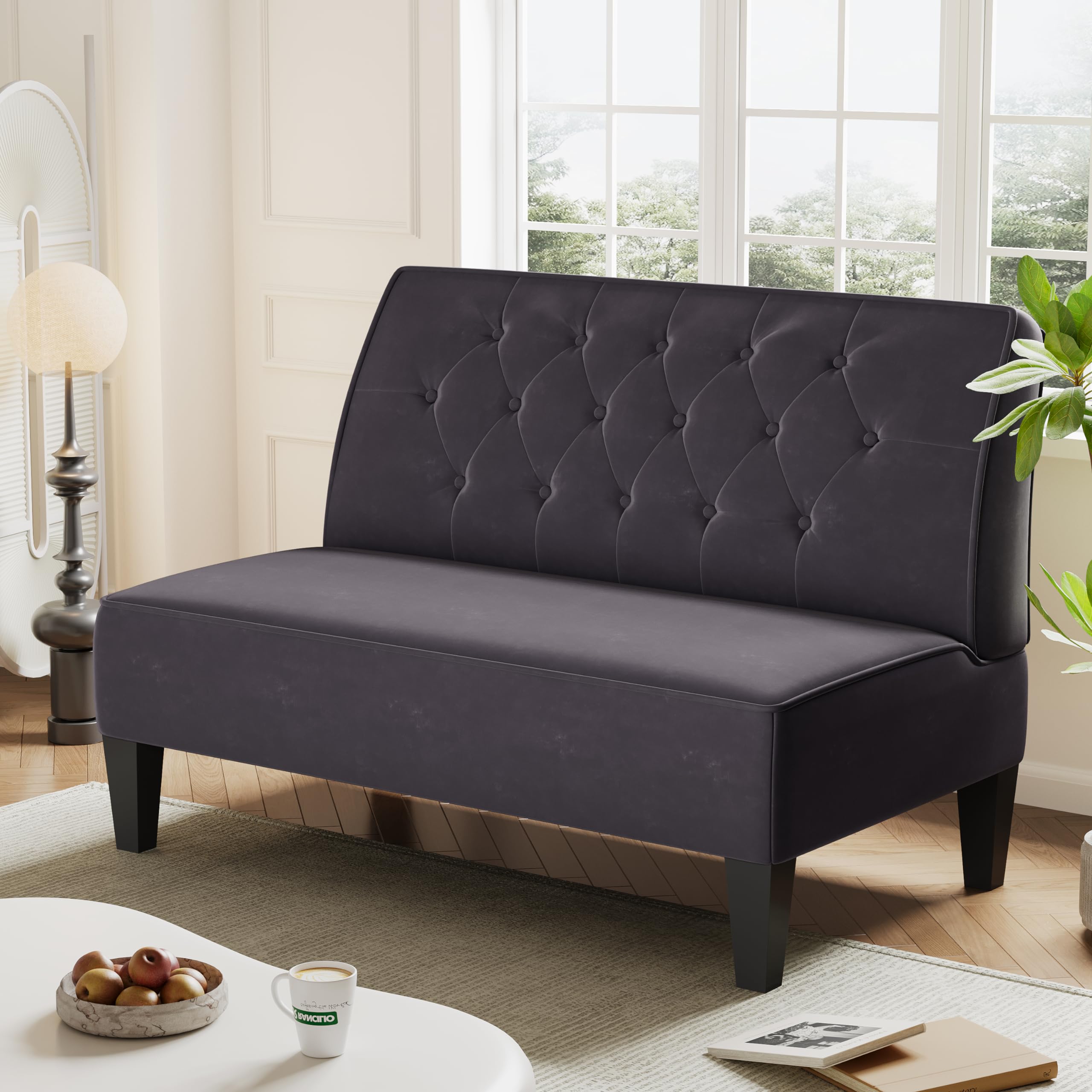 Annjoe Button Tufted Loveseat Settee - Upholstered Sofa with Backrest Buckle, Couch Banquette Bench for Dining Room, Living Room & Bedroom - Gray 1 - Perfect for Small Spaces, Apartment Decor & Cozy Seating Areas