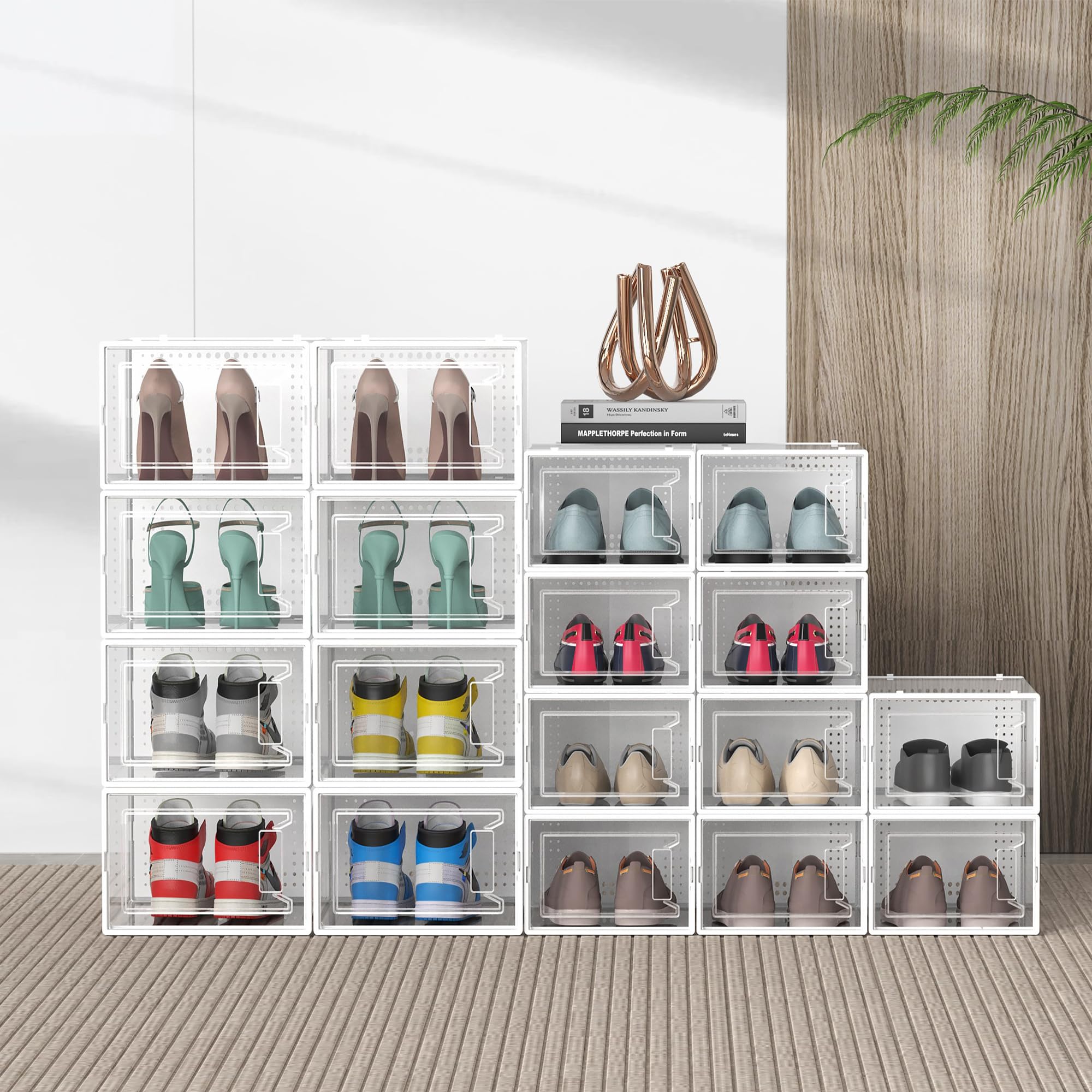 12 Pack Clear Plastic Stackable Shoe Storage Boxes with Lids - Modular Space Saving Shoe Organizer for Closet, Sneaker Display Case Bins | Perfect for Sneaker Collection, Closet Organization & Small Space Storage Solutions