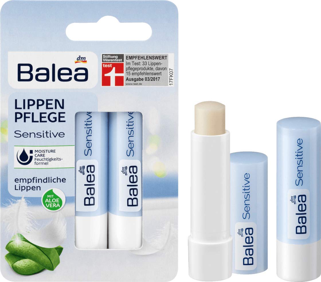 Balea Sensitive Lip Care Balm with Aloe Vera, Avocado & Almond Oil - 2 Pack - Hydrating & Soothing Lip Treatment for Dry, Chapped Lips - Made in Germany | Perfect for Winter Care, Daily Moisturizing & Travel Essentials