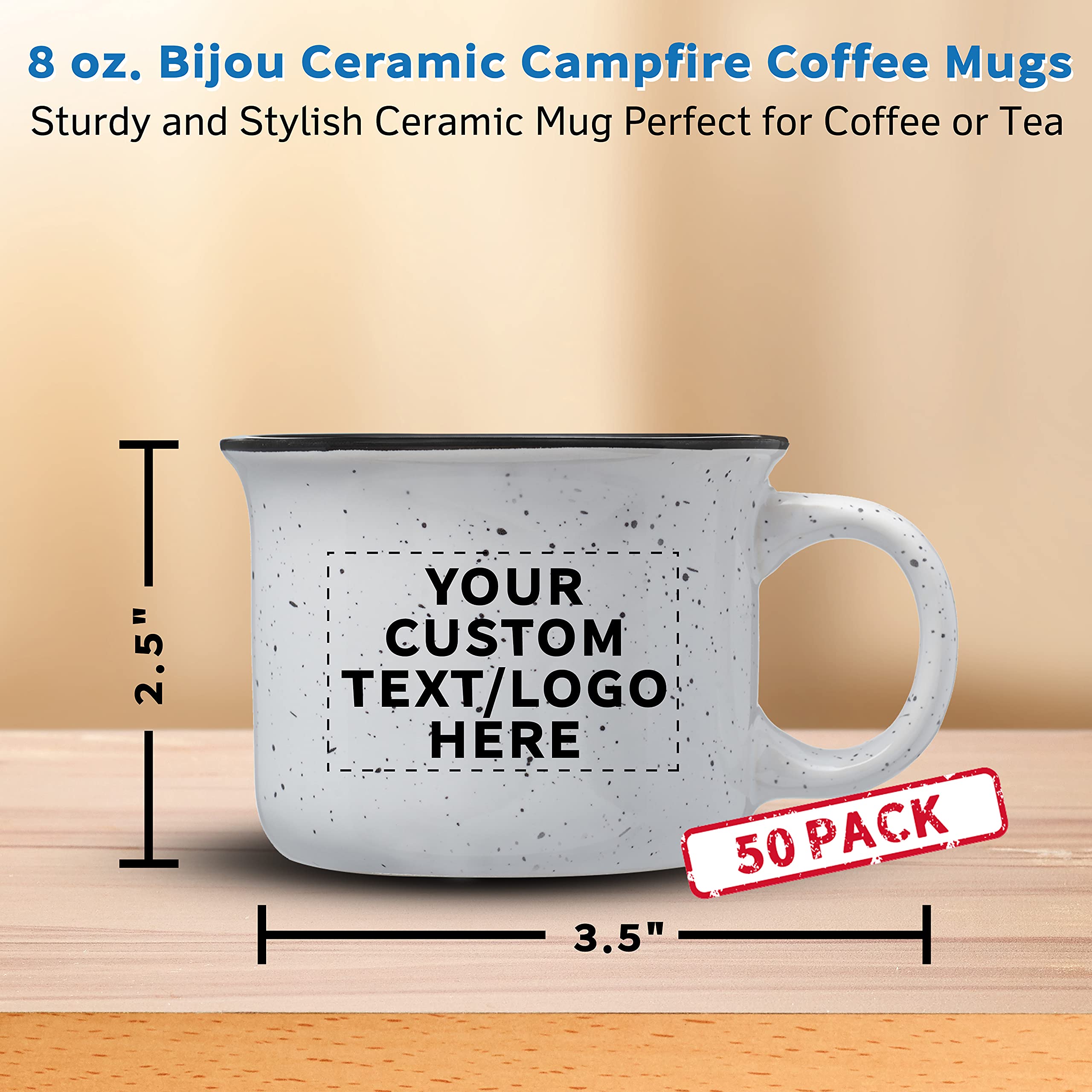 50-Piece Speckled Ceramic Campfire Coffee Mugs Set - 8oz Customizable Text & Logo - Durable C-Handle Design - Perfect for Outdoor Camping, Picnics & Home Decor - White