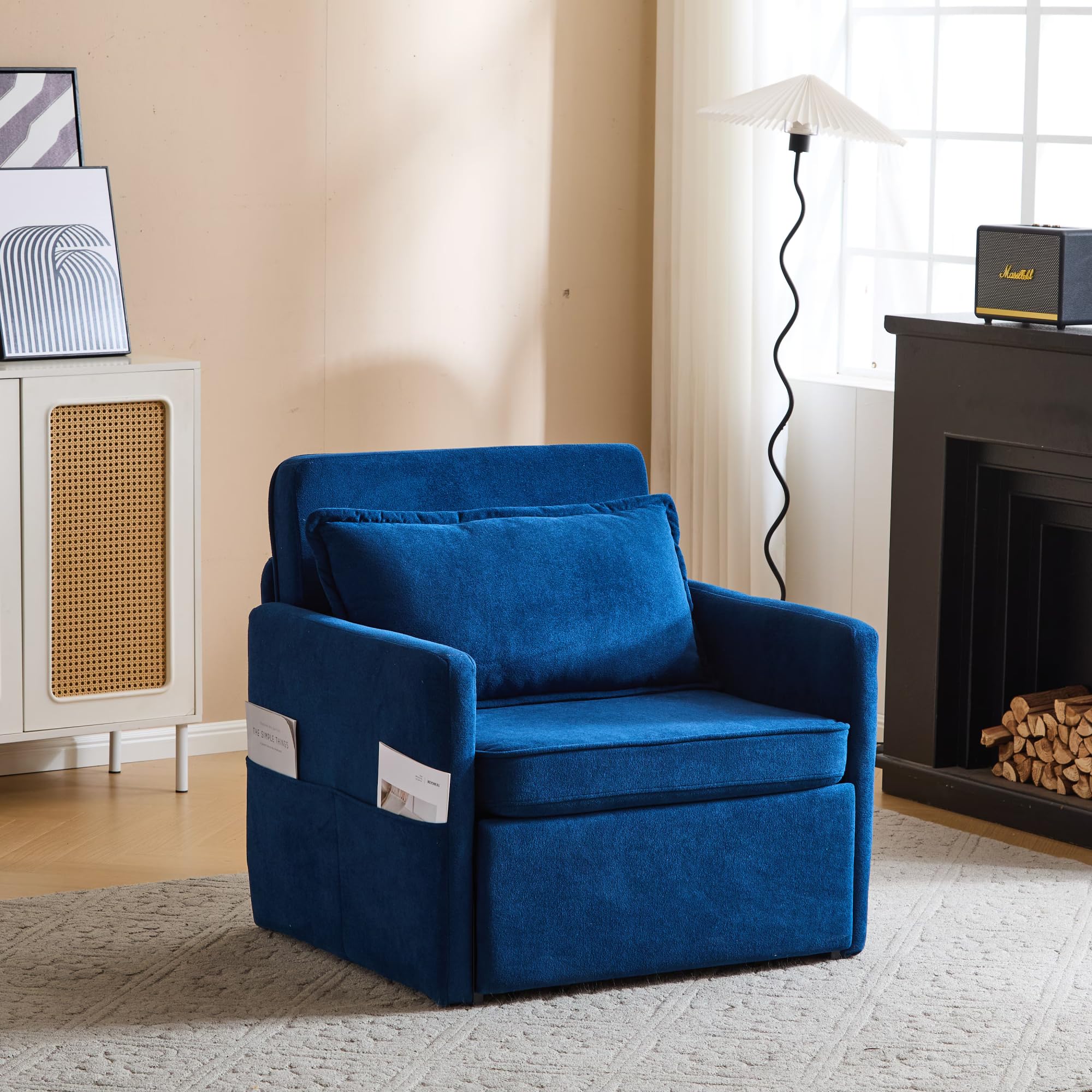 FlexiSpot 3-in-1 Convertible Sleeper Chair Bed with USB Port & Tray Table - Adjustable Backrest Sofa Bed for Small Spaces - Perfect for Apartments, Living Rooms & Guest Rooms (Blue)
