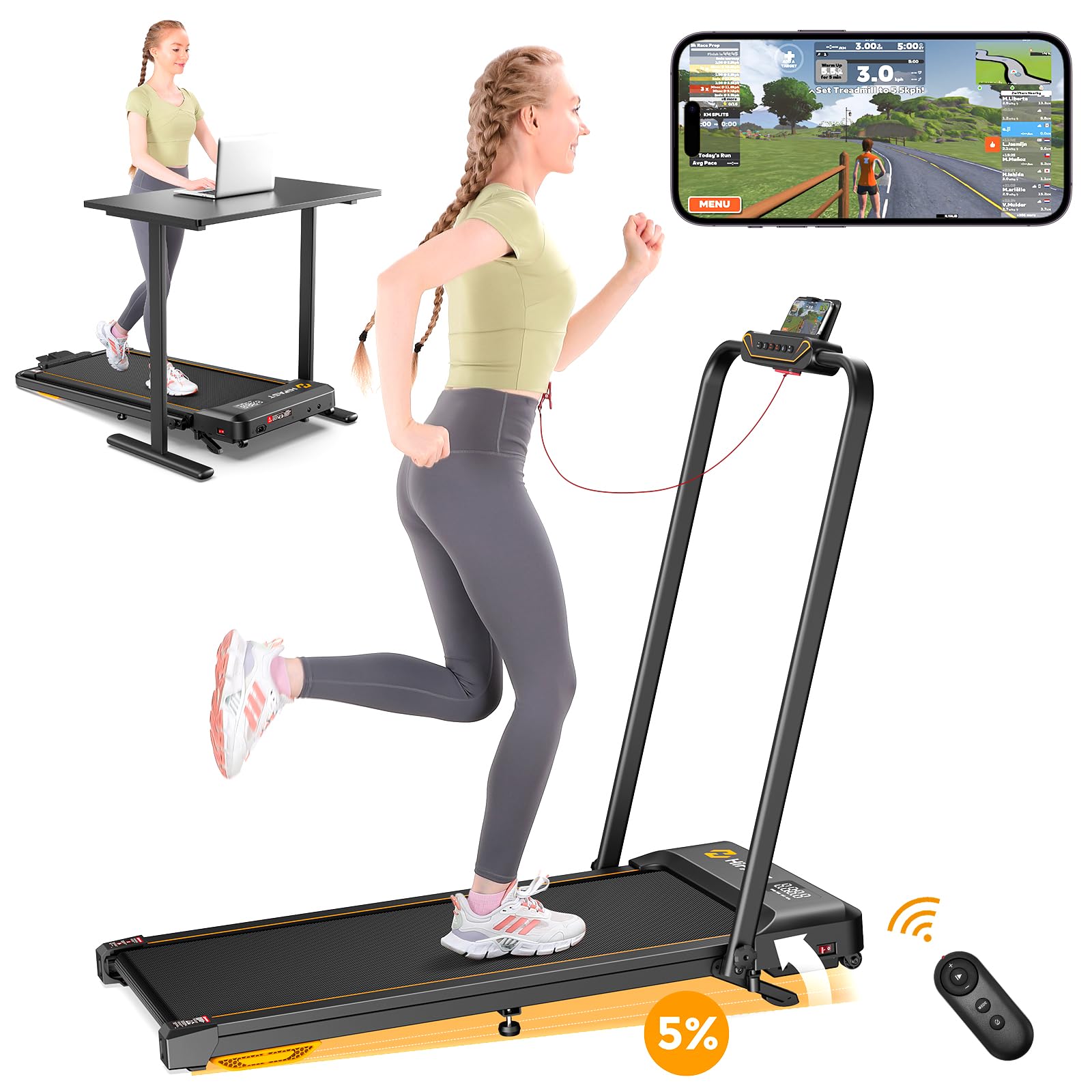 Foldable Under Desk Treadmill with Handle Bar & Incline - Portable Walking Pad for Home Office - Remote Control & APP Connectivity - Perfect for Small Spaces & Work from Home Fitness