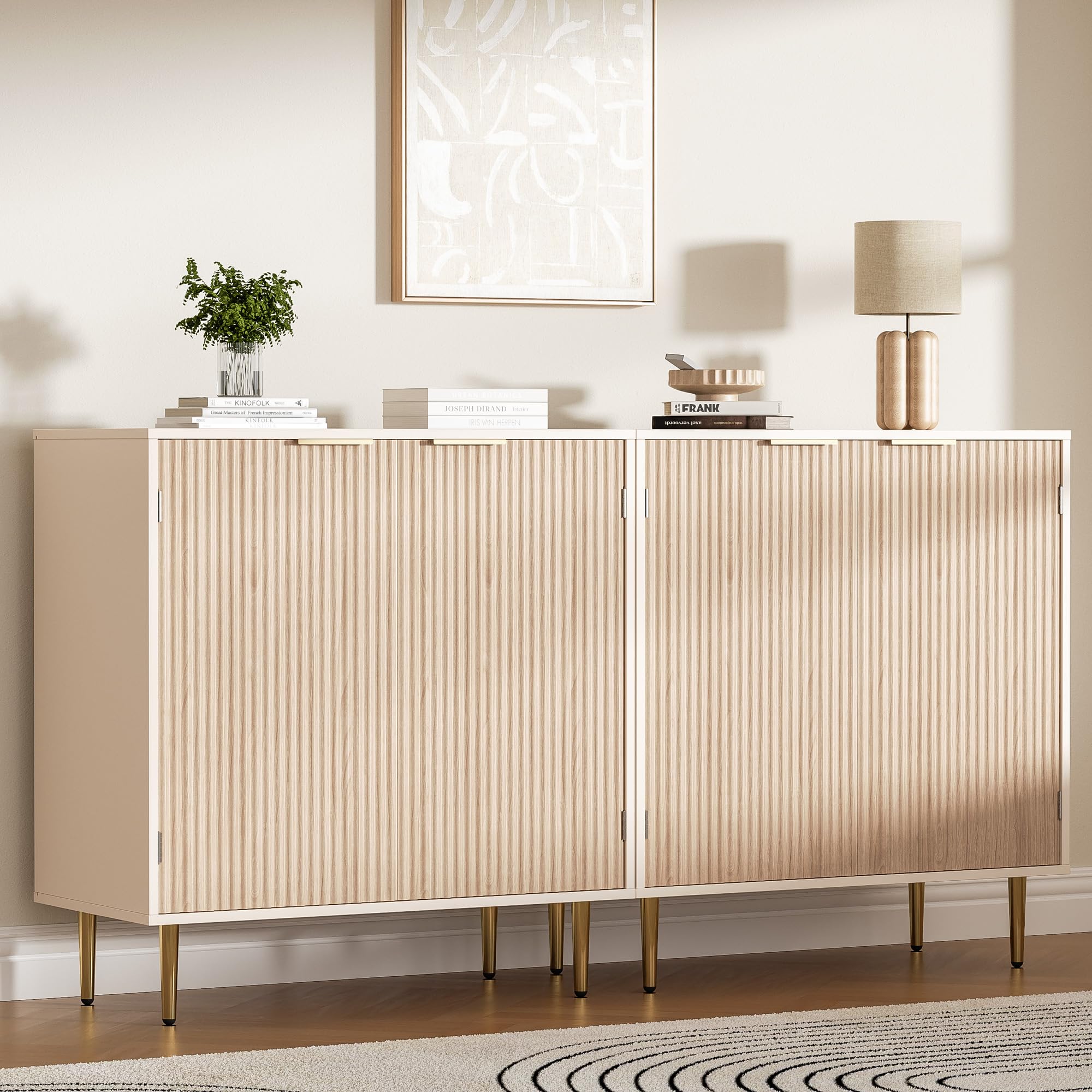 Modern Oak Buffet Sideboard Cabinet with 2 Doors & Gold Handles - Adjustable Shelf Kitchen Storage Cabinet for Dining Room - Perfect for Coffee Bar Setup, Kitchen Organization & Home Decor Accent