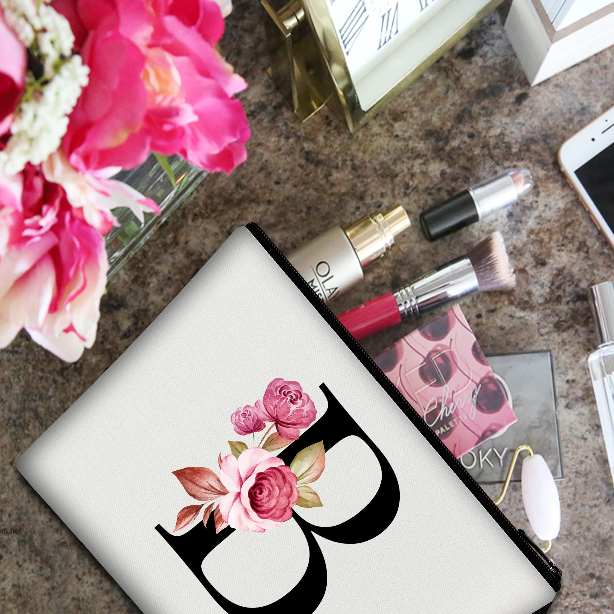 Personalized Makeup Bag for Women - Custom Initial Cosmetic Pouch - Perfect Birthday Gift for Mom, Best Friend, Bride & Bridesmaids (White, Size B) - Great for Travel, Bridal Party & Everyday Makeup Storage