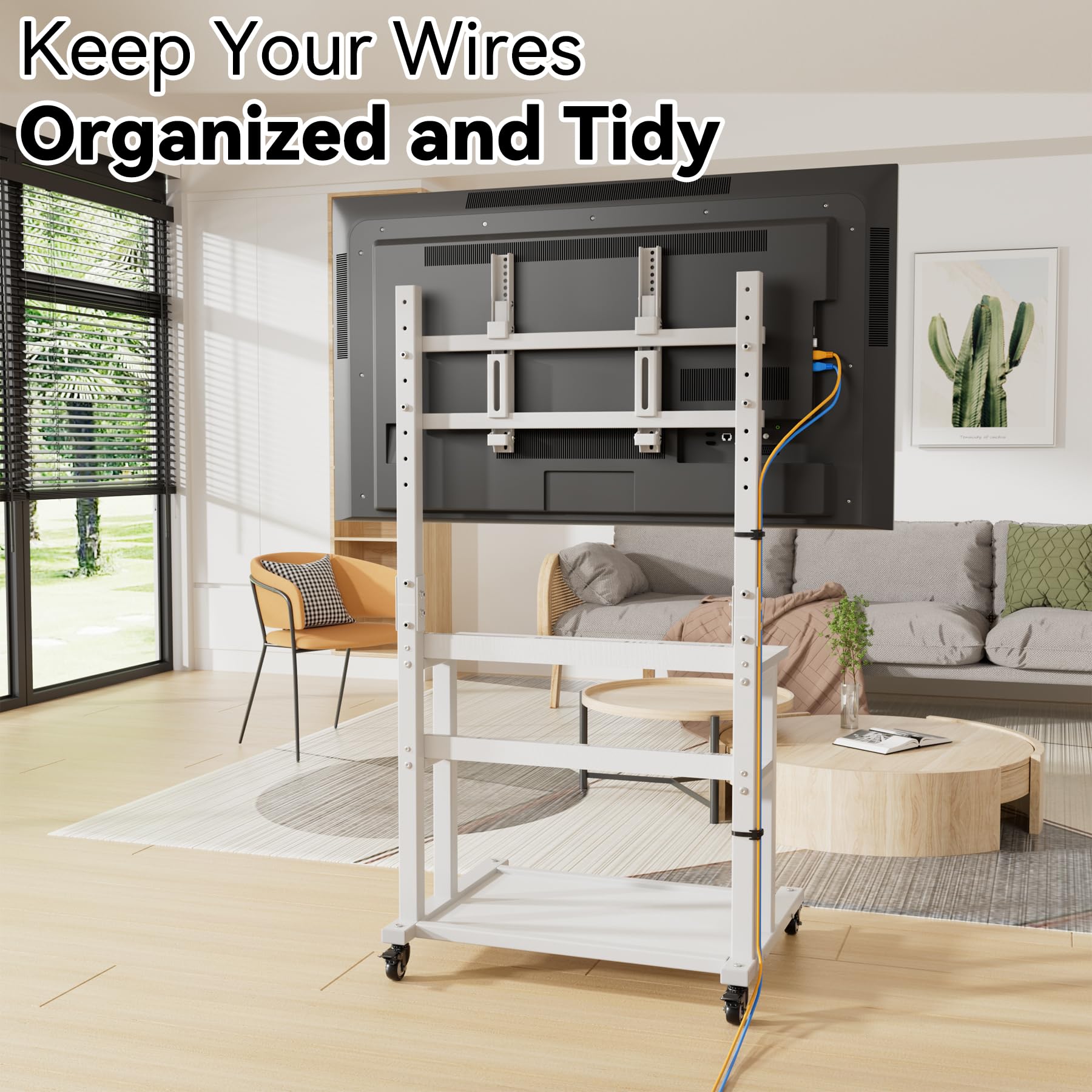 Adjustable Rolling TV Stand for 32-75 Inch TVs - Foldable Table, Tilt & Height Adjustable, 3 Storage Shelves, 150 lbs Capacity, White - Perfect for Living Room, Bedroom, Outdoor Patio & Entertainment Spaces