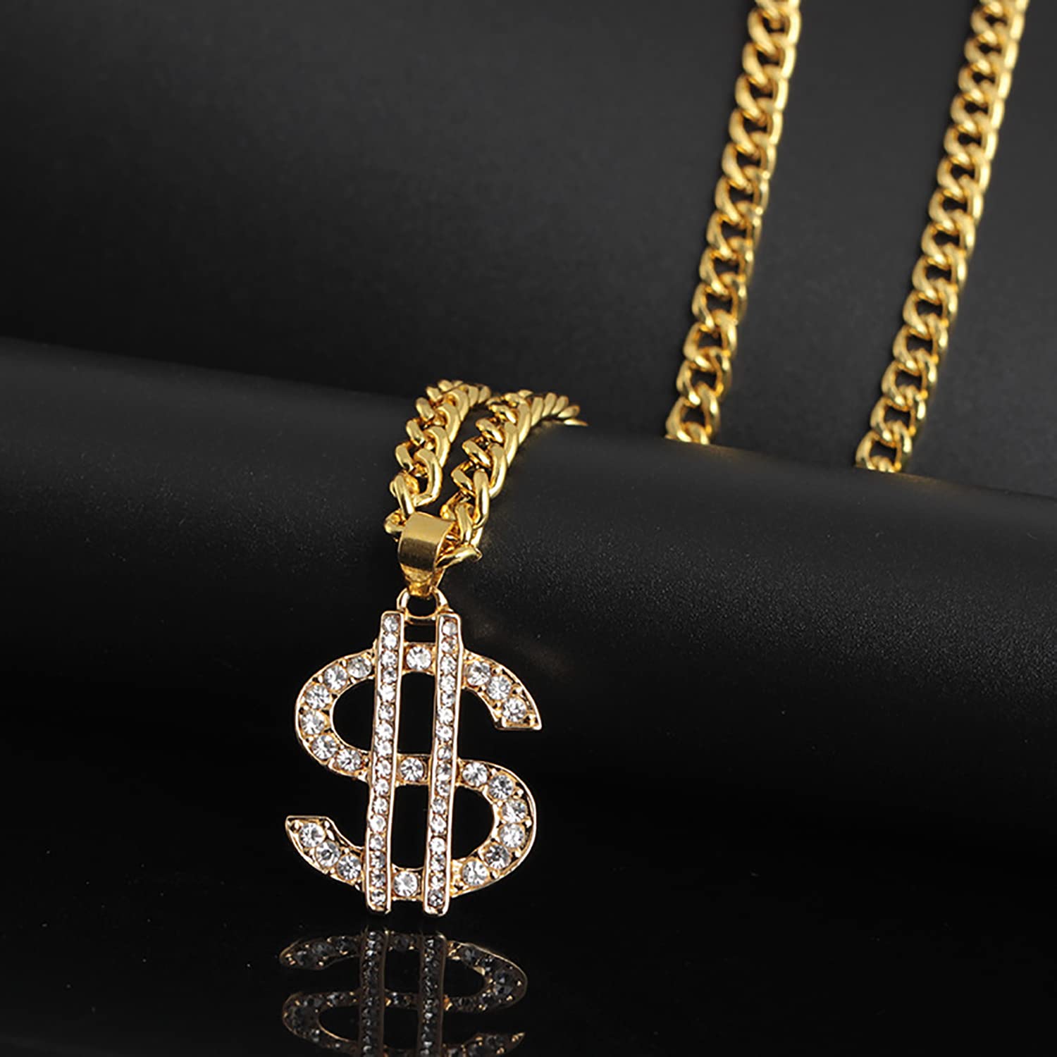 Gold Plated Dollar Sign Pendant Necklace for Men & Women - Hip Hop Rhinestone Chain Jewelry - Perfect for Parties, Gifts & Streetwear Fashion