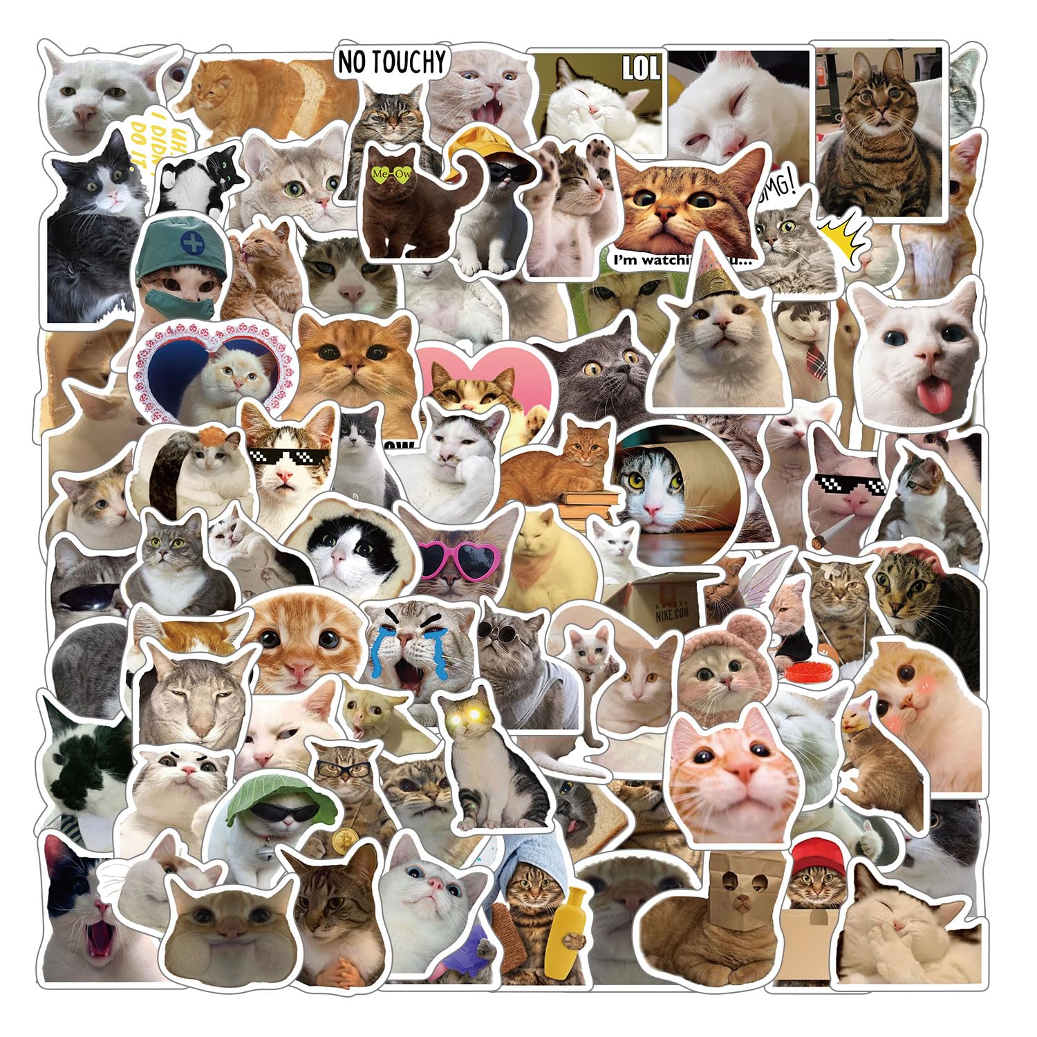 100pcs Kawaii Cat Meme Stickers - Funny Crying Cat & Sad Cat Meme Vinyl Waterproof Decals - Aesthetic Stickers for Water Bottle, Laptop, Skateboard, Phone, Guitar - Perfect for DIY Crafts, School Supplies & Gift Giving