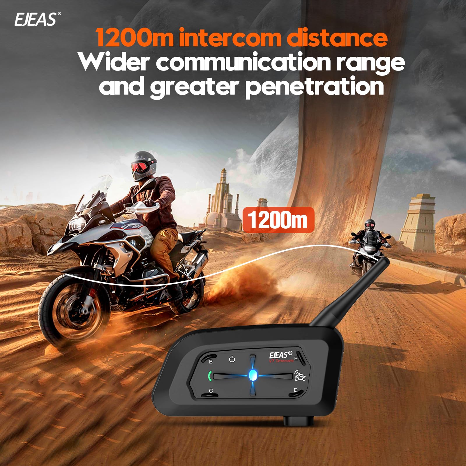 EJEAS V7 Motorcycle Bluetooth Helmet Intercom - Upgraded 1200M Wireless Communication System for 2 Riders with Noise Cancellation, Auto Answer, Waterproof & Quick Pairing (2 Pack) - Perfect for Group Riding, Road Trips & Adventure Motorcycling