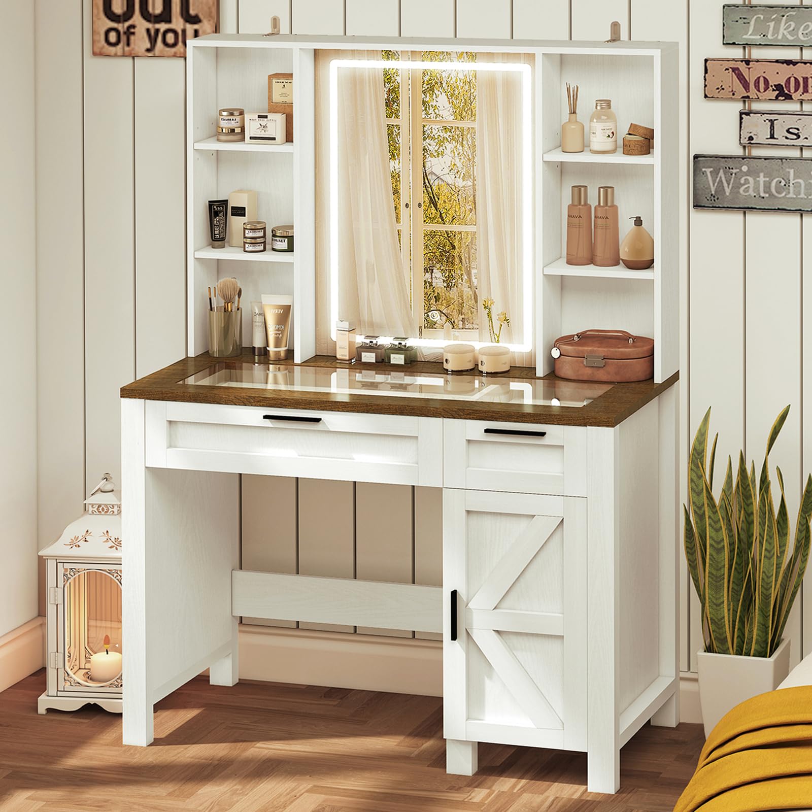 Farmhouse Makeup Vanity Desk with Mirror & LED Lights - White Glass Top Dressing Table with Adjustable Shelves, 2 Drawers & Side Cabinet - Perfect for Bedroom, Dorm Room or Boudoir Makeup Organization